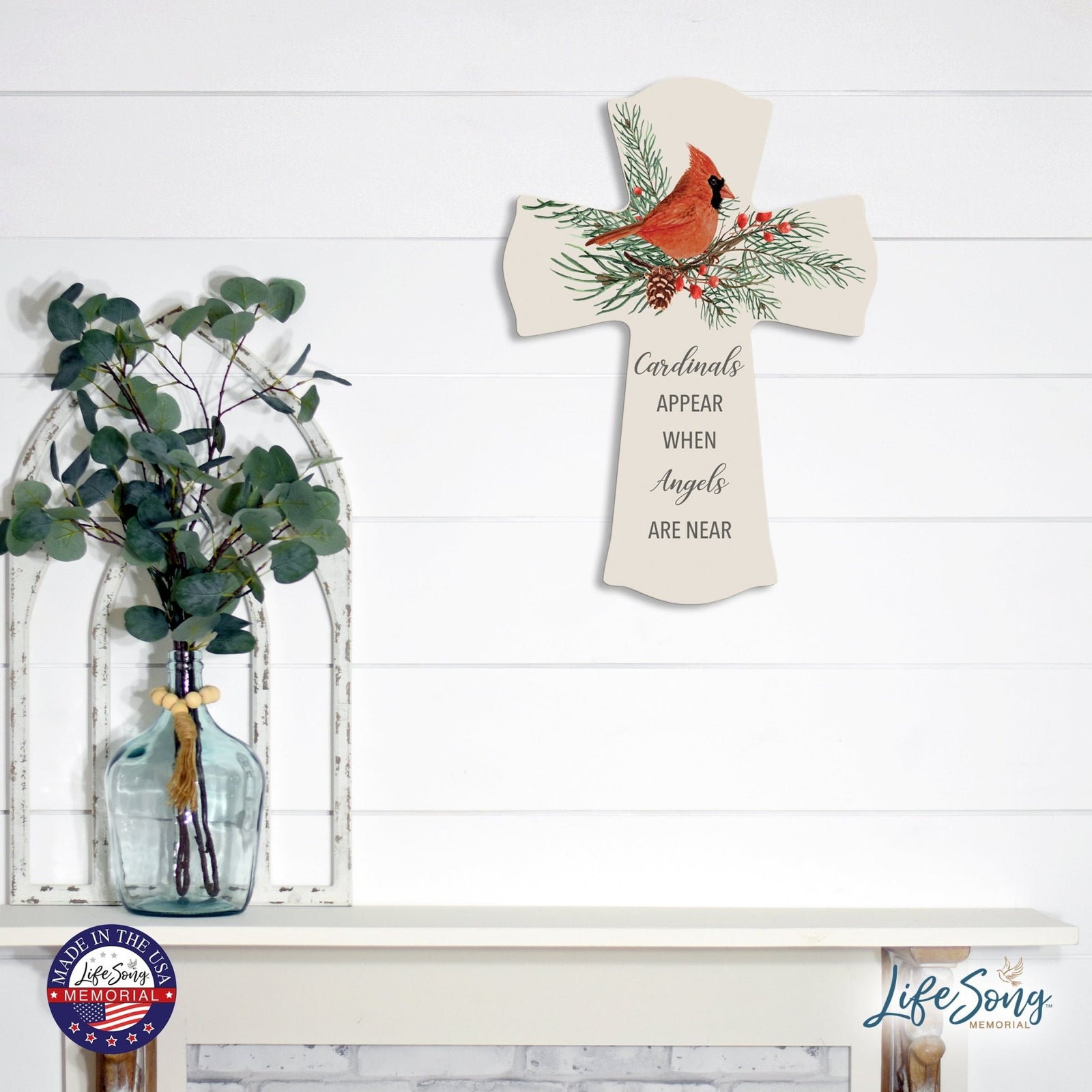 Memorial Wooden Wall Cross 8x11 Cardinal Bereavement Gift for Loss on Loved One – When Angels Are Near - LifeSong Milestones