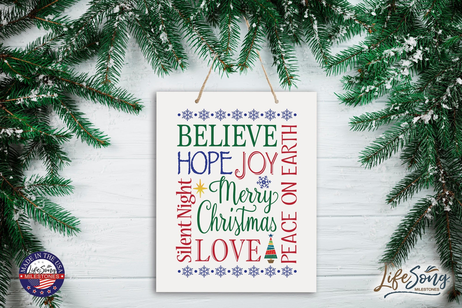Merry Christmas Wall Hanging Sign - Believe Hope Joy - LifeSong Milestones