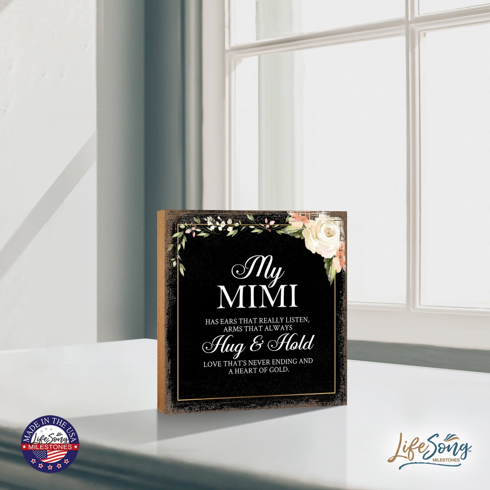 Mimi Has Ears Floral 6x6 Inches Wood Family Art Sign Tabletop and Shelving For Home Décor - LifeSong Milestones