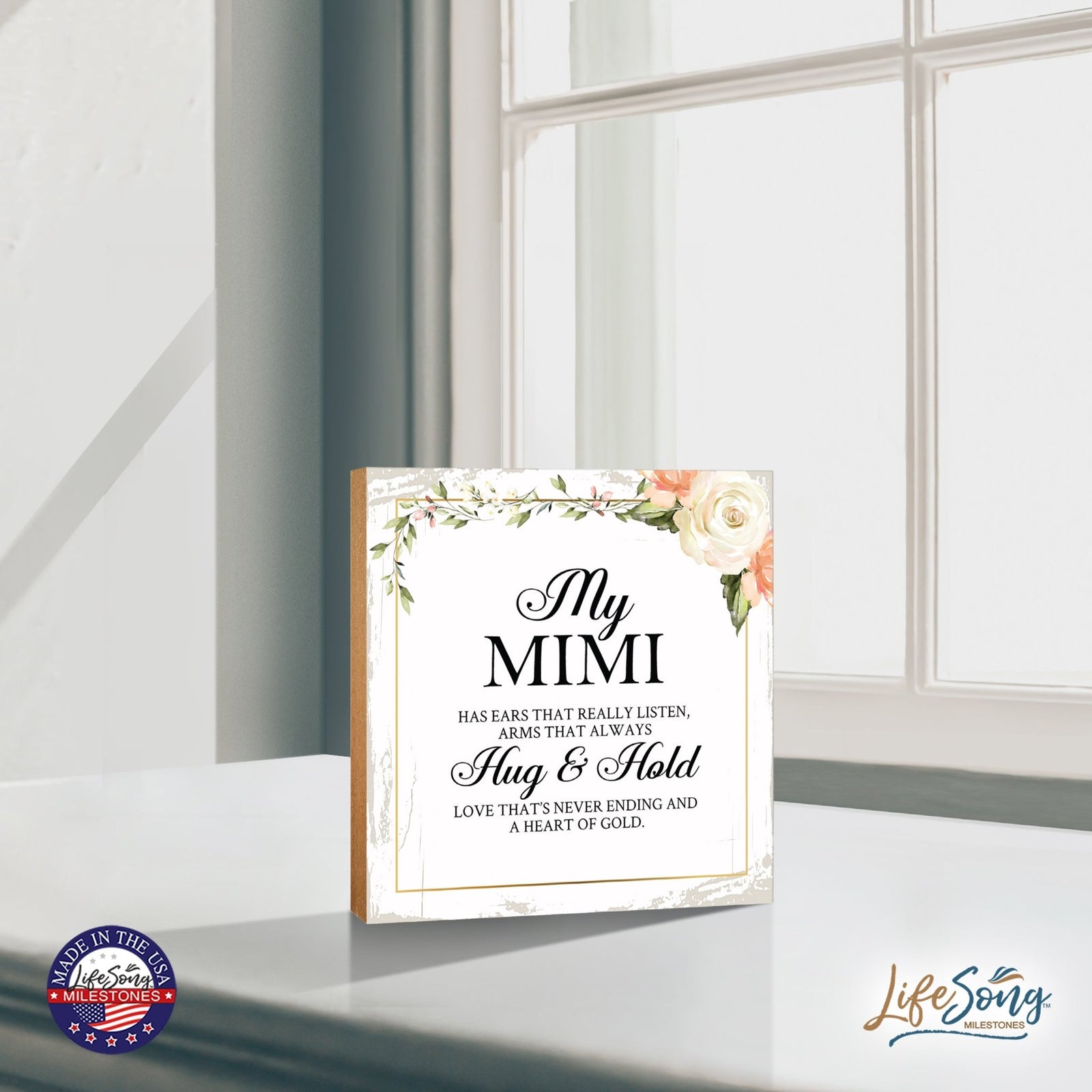 Mimi Has Ears Floral 6x6 Inches Wood Family Art Sign Tabletop and Shelving For Home Décor - LifeSong Milestones