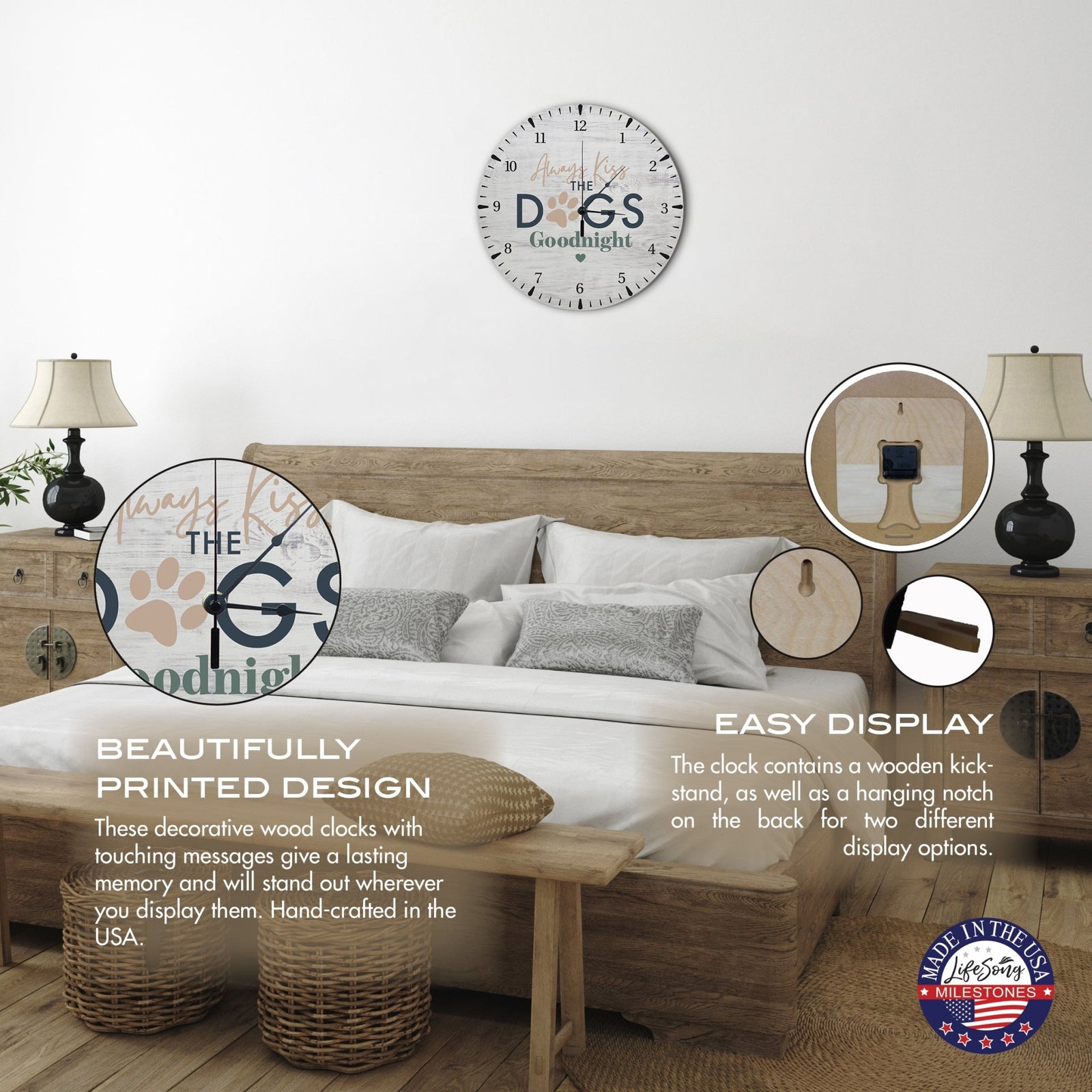 Minimalist Roman Numeral Wooden Clock For Walls Or Countertop Display For Pet Owners - Always Kiss The Dogs - LifeSong Milestones