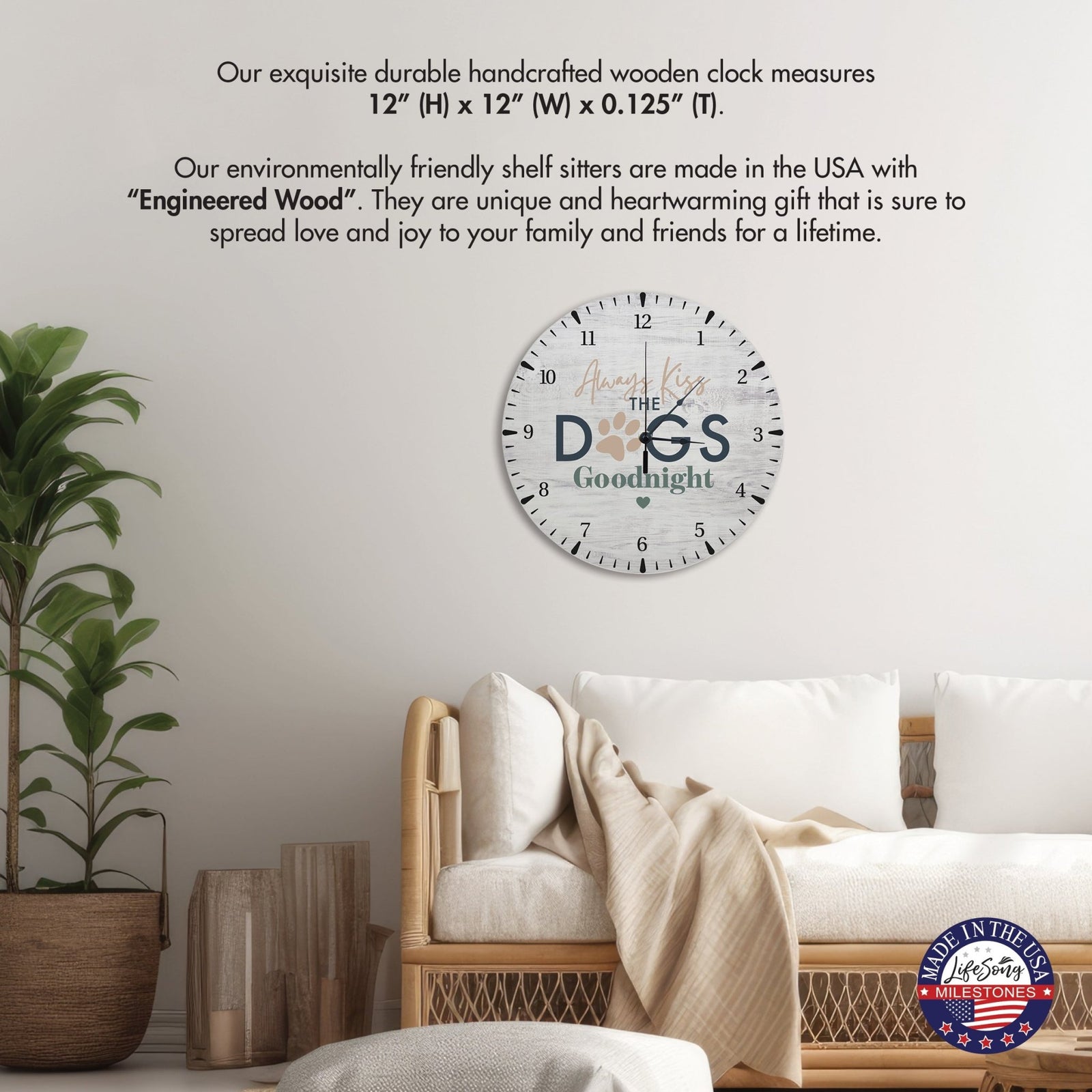 Minimalist Roman Numeral Wooden Clock For Walls Or Countertop Display For Pet Owners - Always Kiss The Dogs - LifeSong Milestones