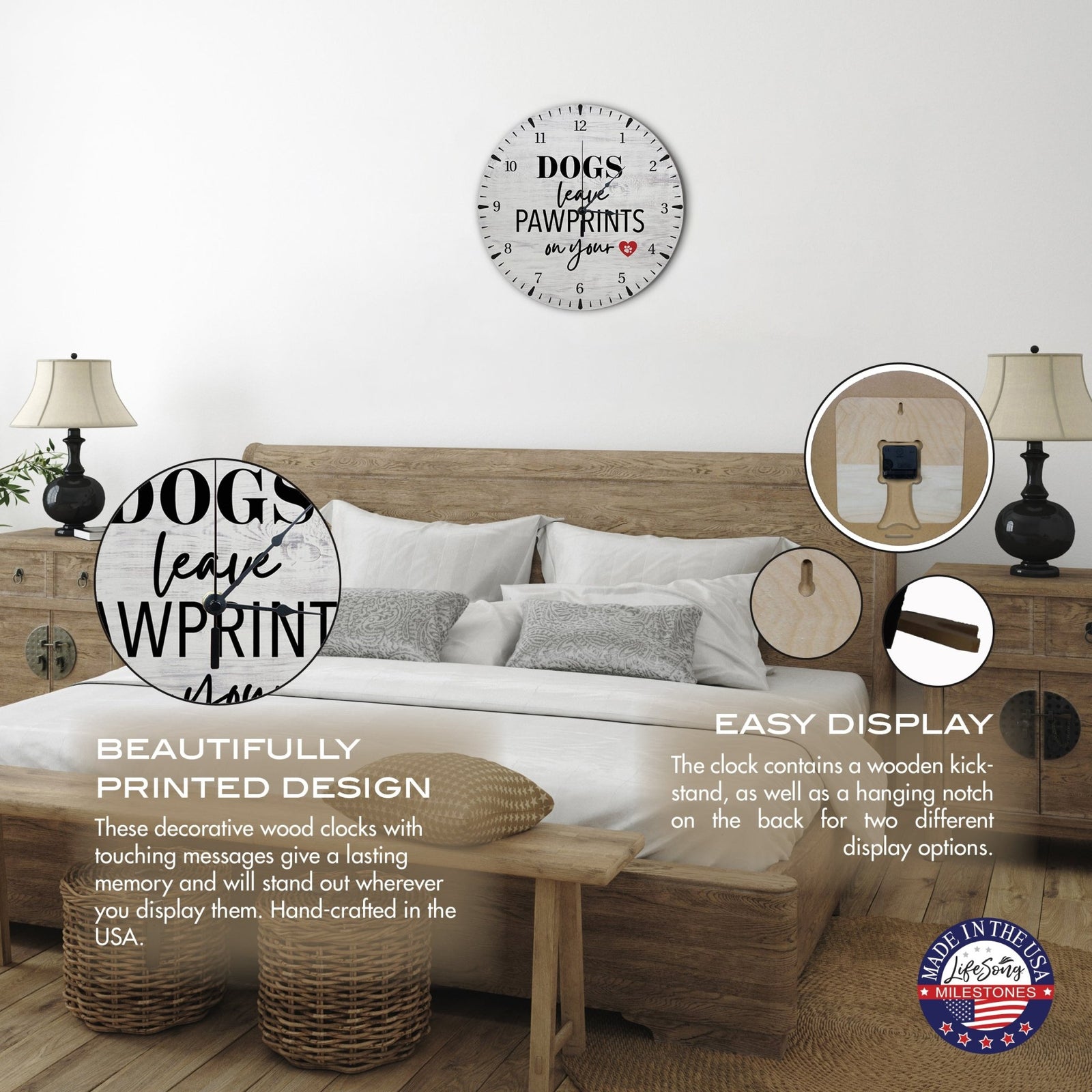 Minimalist Roman Numeral Wooden Clock For Walls Or Countertop Display For Pet Owners - Dog Leaves Pawprints - LifeSong Milestones