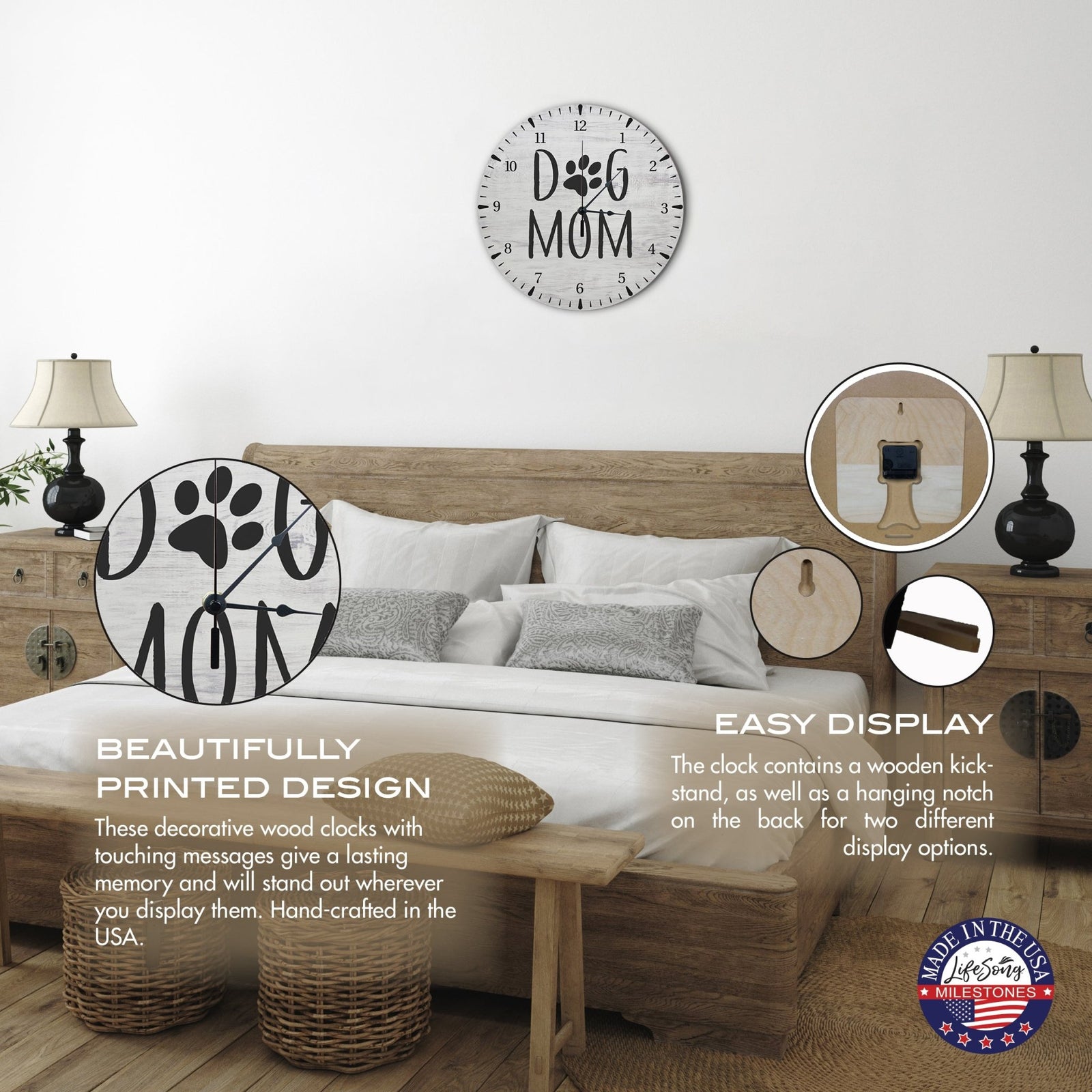 Minimalist Roman Numeral Wooden Clock For Walls Or Countertop Display For Pet Owners - Dog Mom - LifeSong Milestones