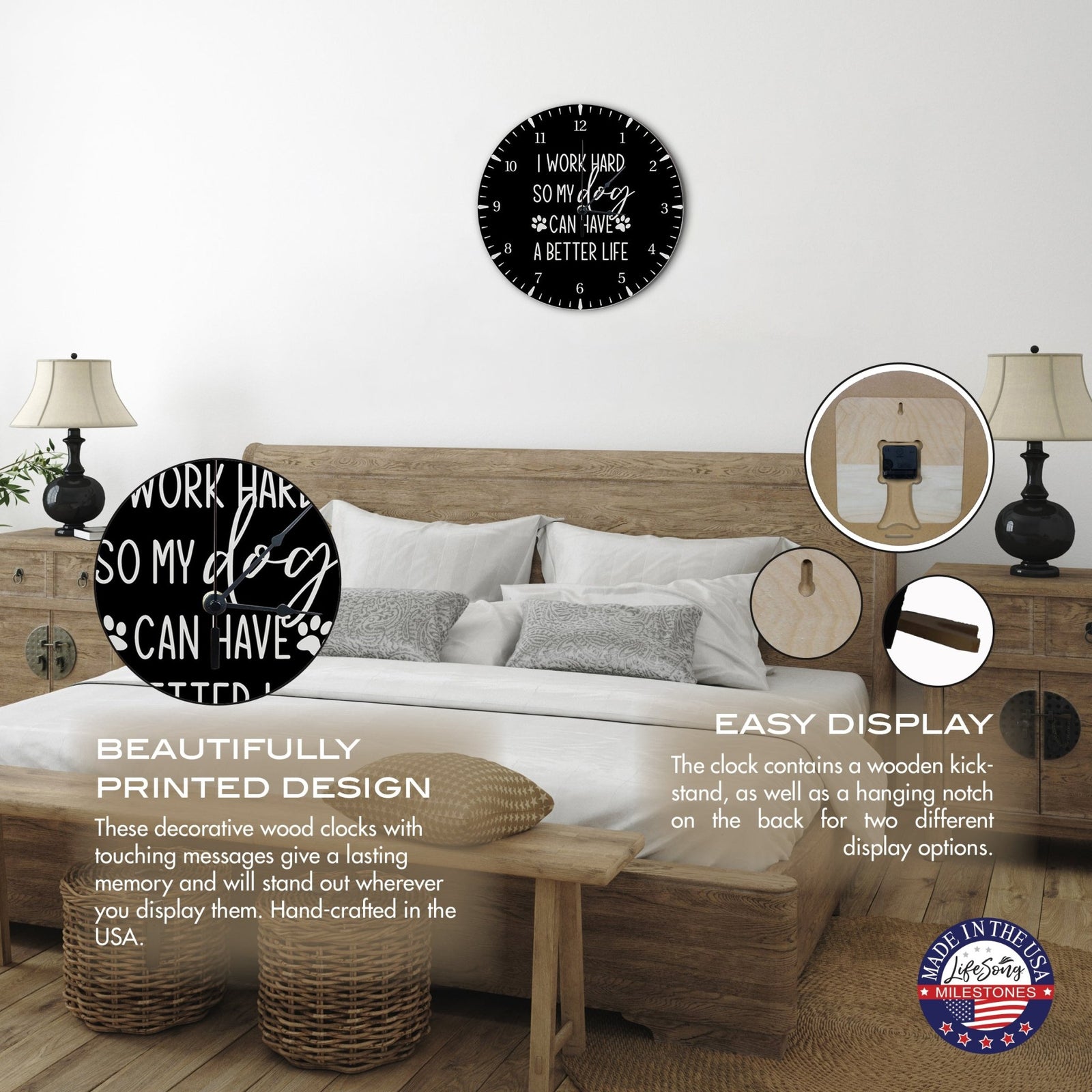 Minimalist Roman Numeral Wooden Clock For Walls Or Countertop Display For Pet Owners - I Work Hard - LifeSong Milestones