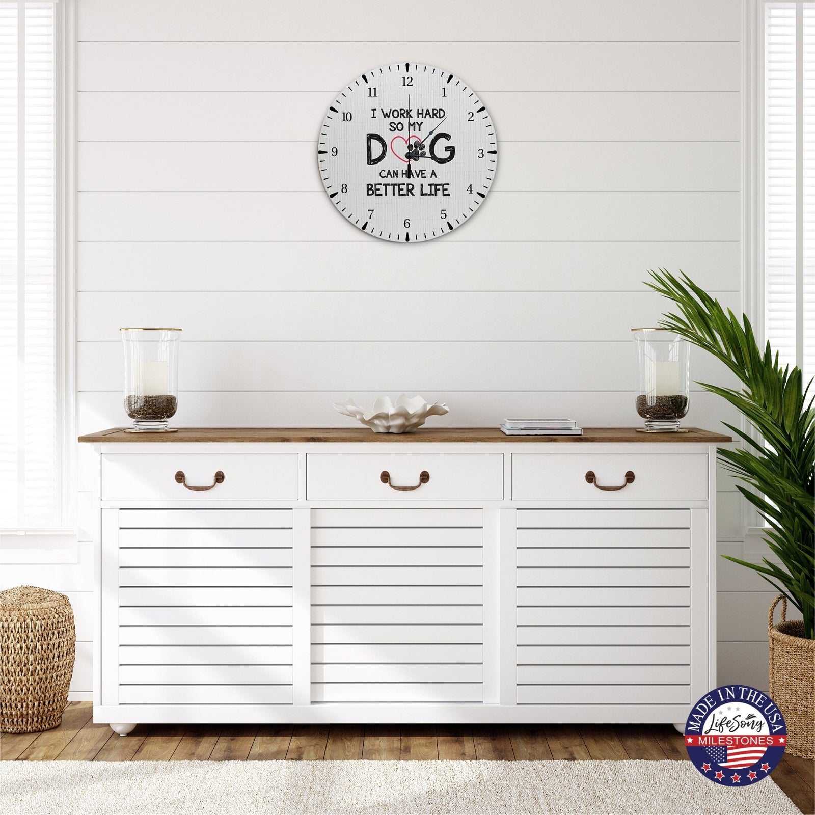 Minimalist Roman Numeral Wooden Clock For Walls Or Countertop Display For Pet Owners - I Work Hard - LifeSong Milestones