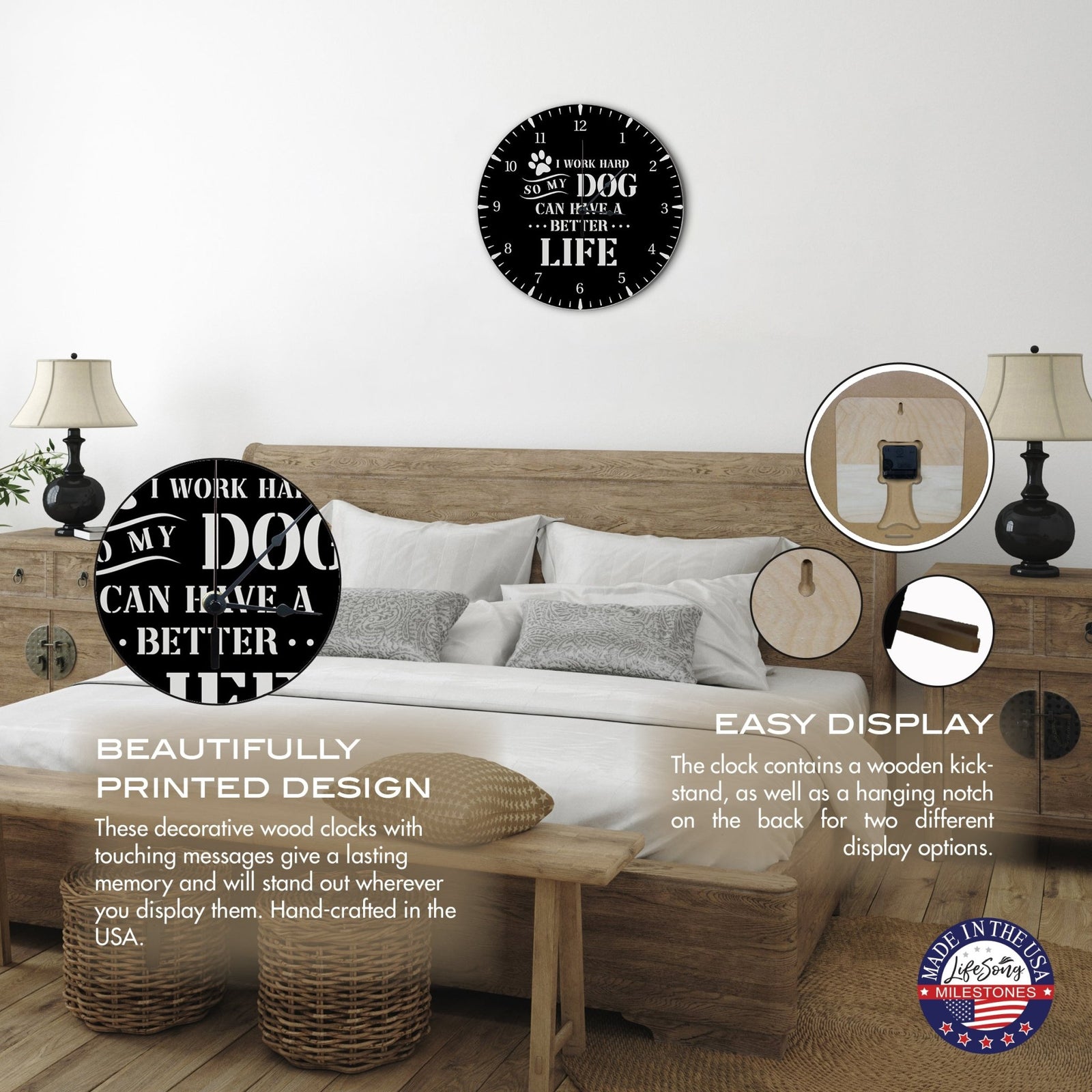 Minimalist Roman Numeral Wooden Clock For Walls Or Countertop Display For Pet Owners - I Work Hard - LifeSong Milestones