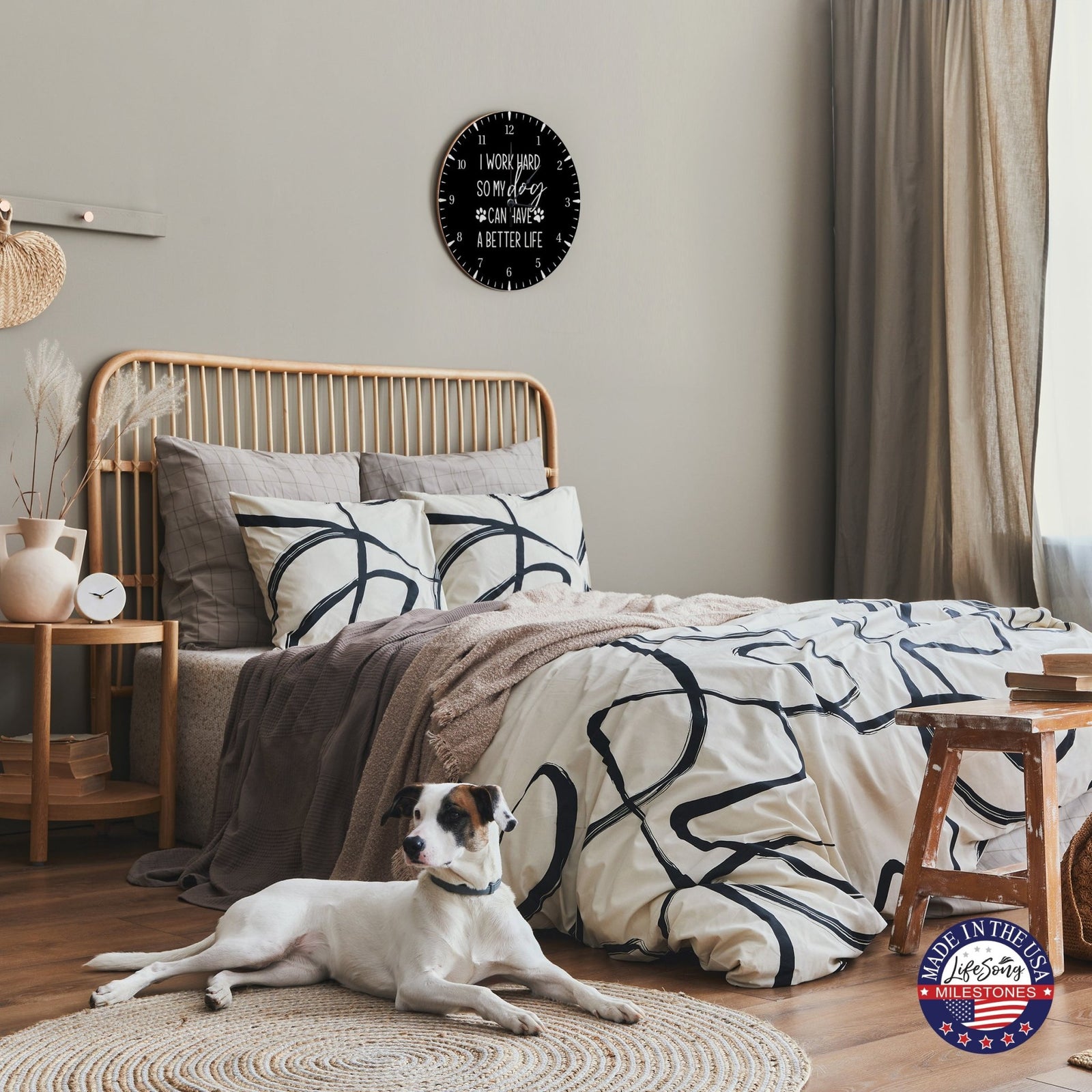 Minimalist Roman Numeral Wooden Clock For Walls Or Countertop Display For Pet Owners - I Work Hard - LifeSong Milestones