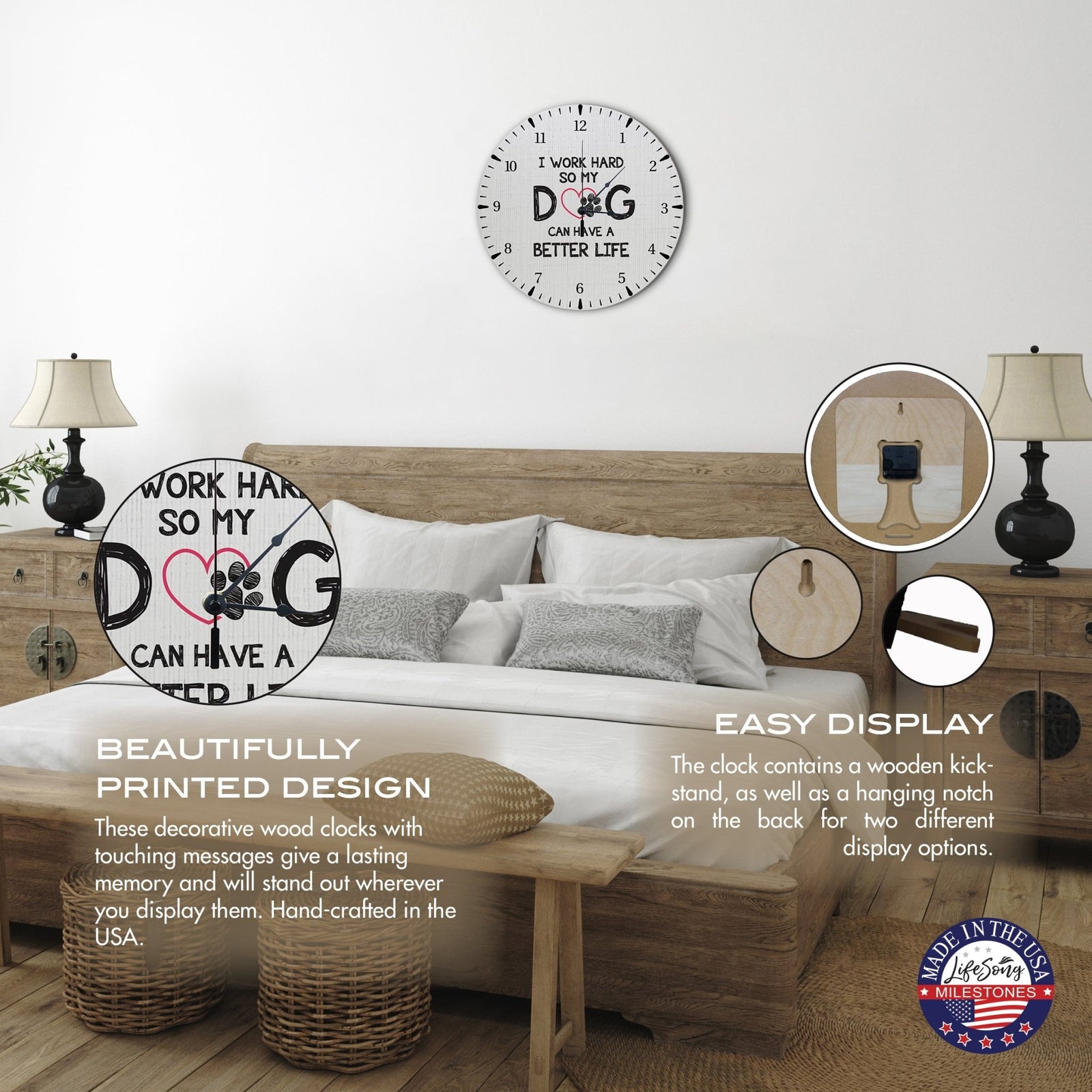 Minimalist Roman Numeral Wooden Clock For Walls Or Countertop Display For Pet Owners - I Work Hard - LifeSong Milestones