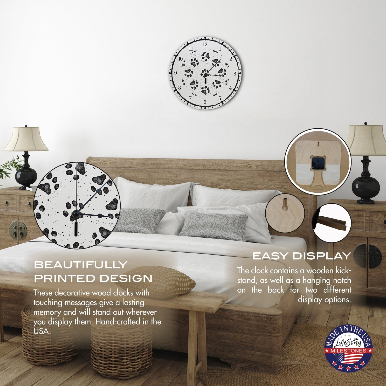 Minimalist Roman Numeral Wooden Clock For Walls Or Countertop Display For Pet Owners - Paws - LifeSong Milestones