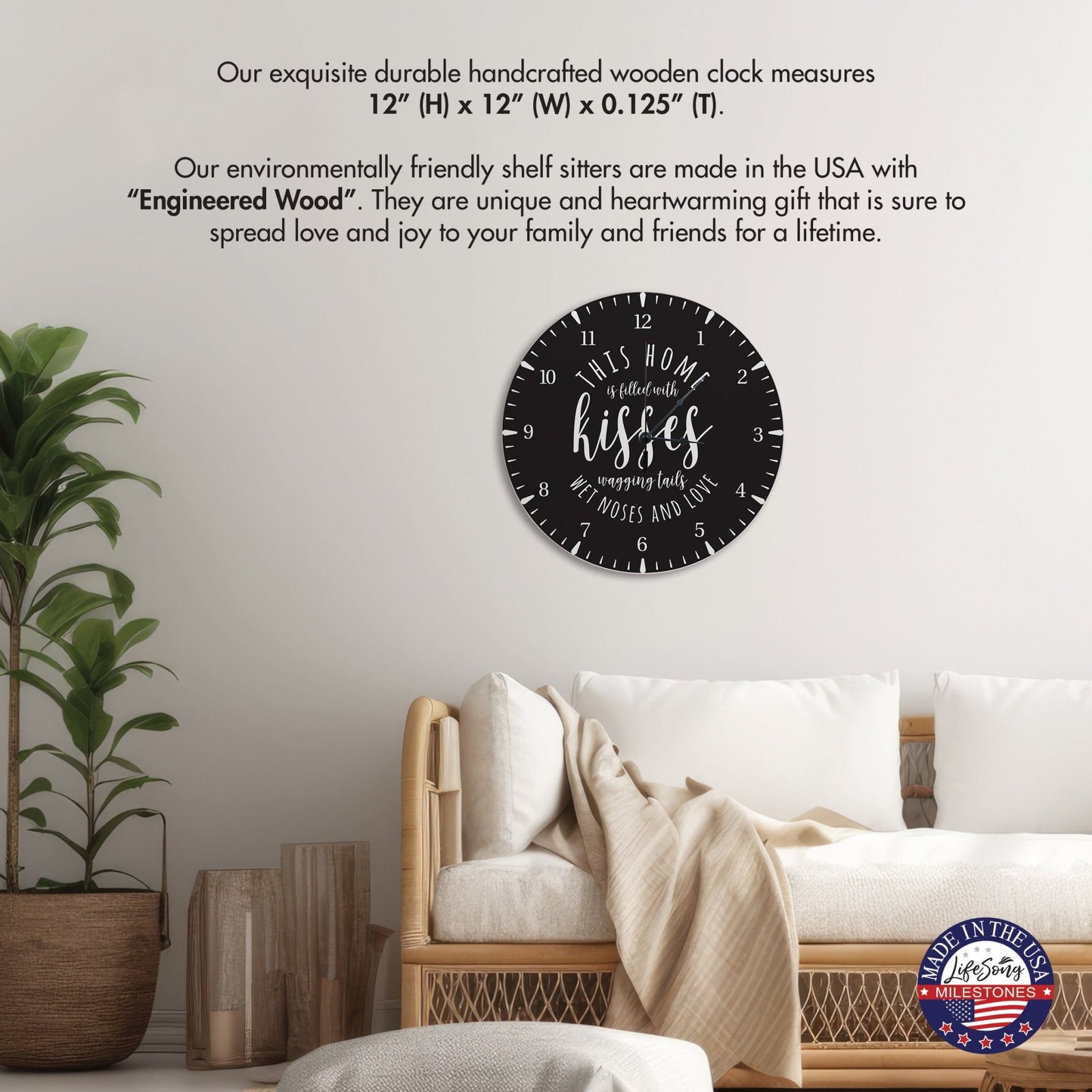 Minimalist Roman Numeral Wooden Clock For Walls Or Countertop Display For Pet Owners - This Home Is Filled With Kisses - LifeSong Milestones