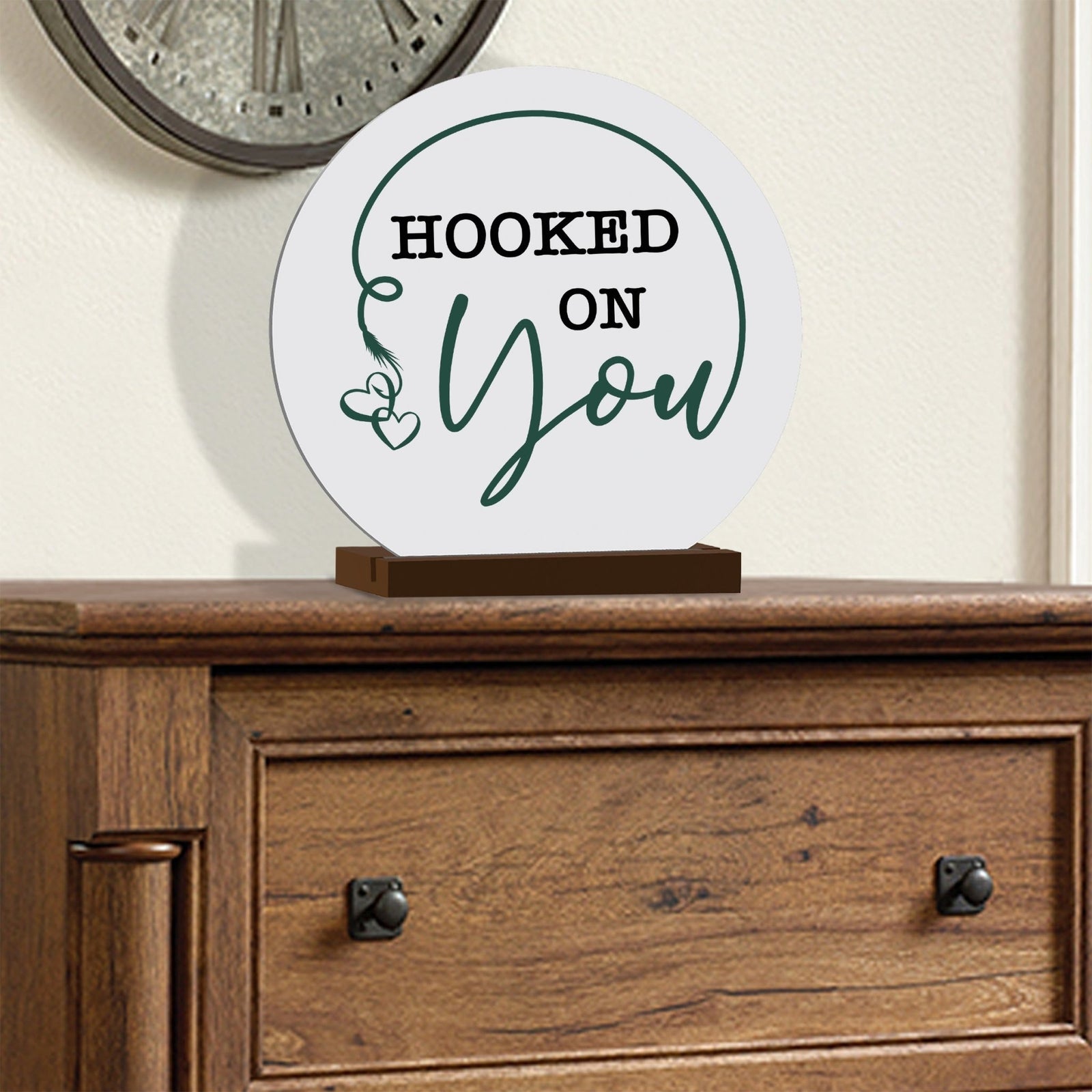 Minimalist White Round Sign With Wooden Base For A Fisherman Dad Gift Ideas - Hooked On You - LifeSong Milestones