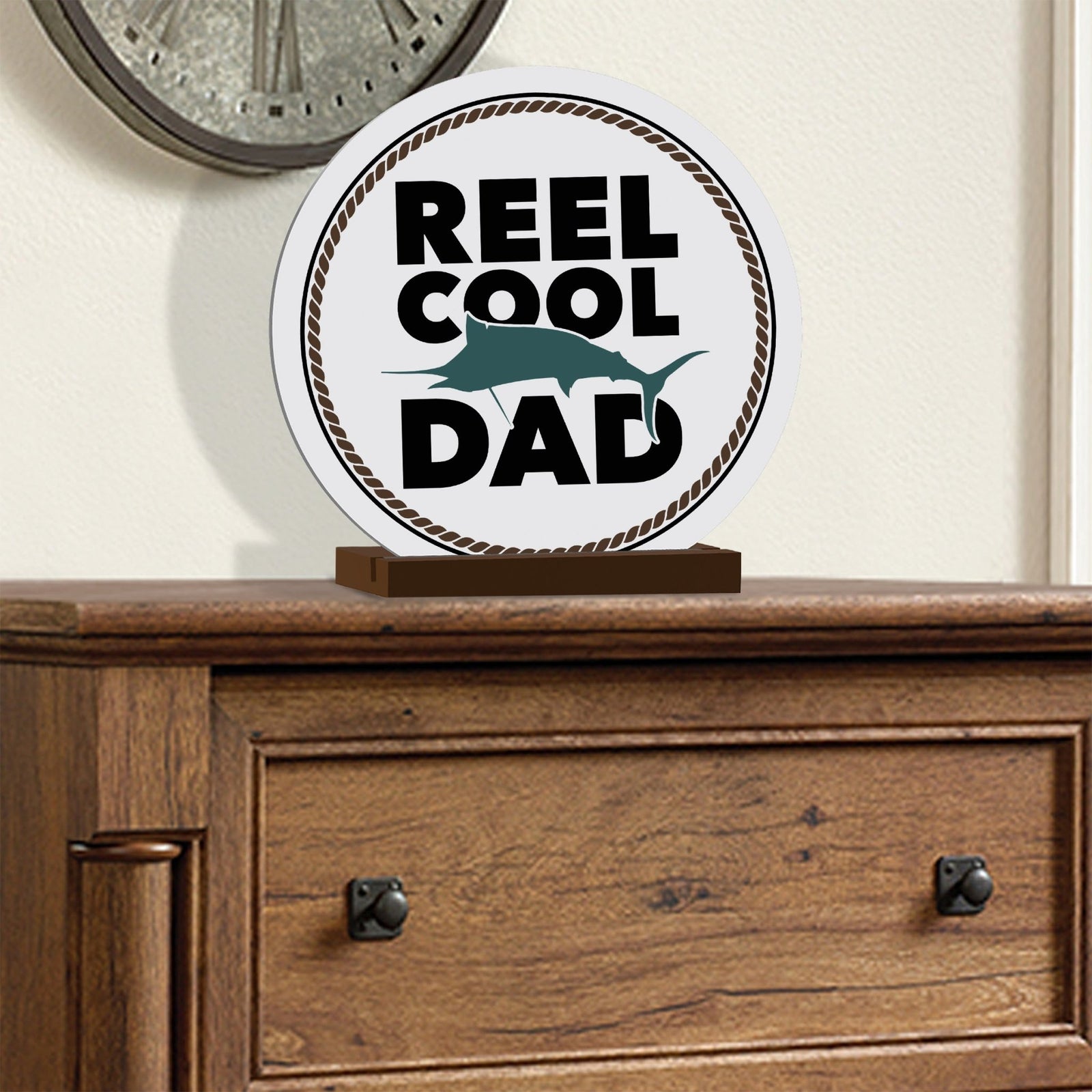 Minimalist White Round Sign With Wooden Base For A Fisherman Dad Gift Ideas - Reel Cool Dad - LifeSong Milestones