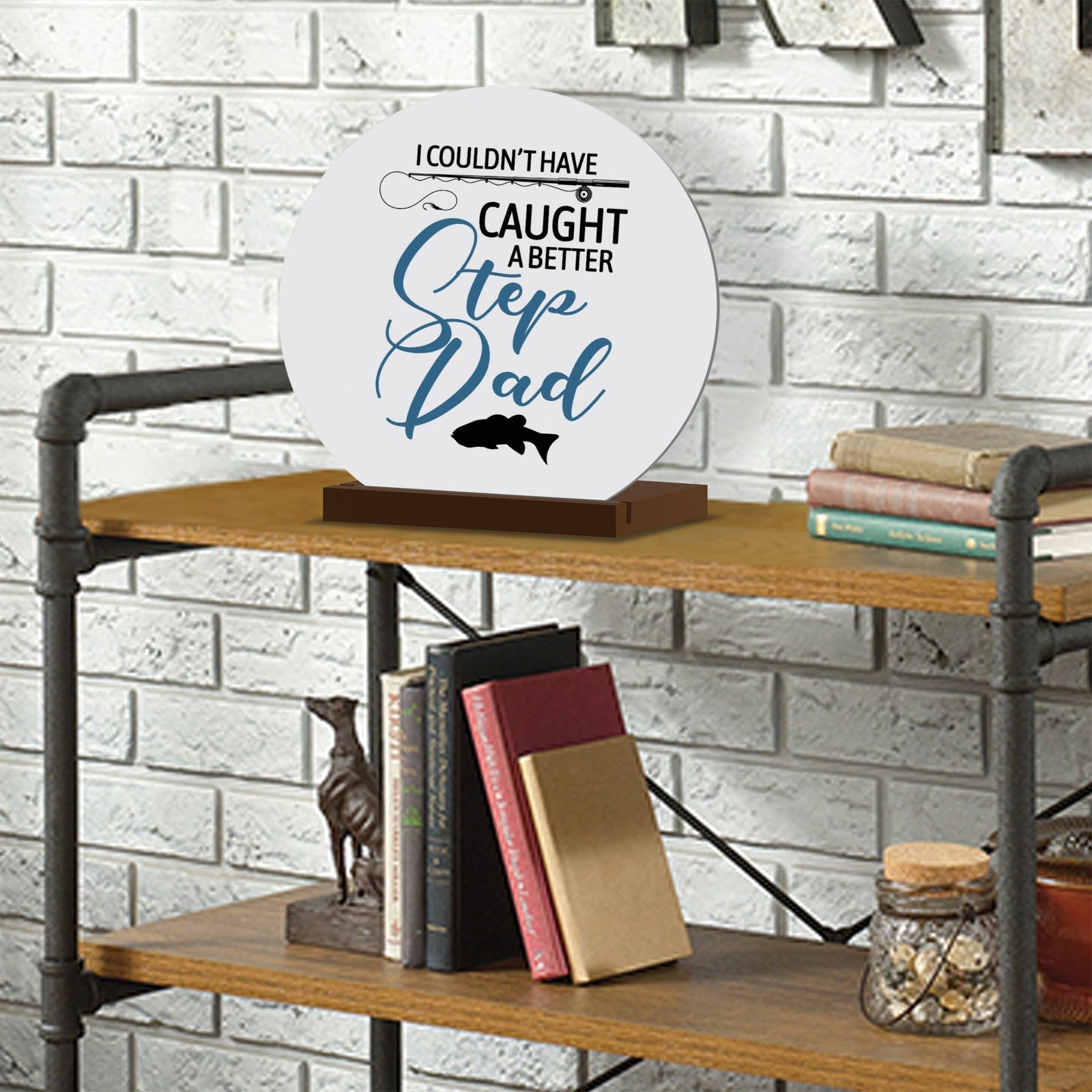 Minimalist White Round Sign With Wooden Base For A Fisherman Dad Gift Ideas - Step Dad - LifeSong Milestones
