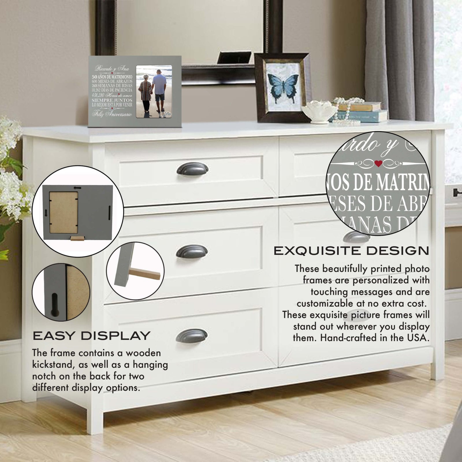 25th Wedding Anniversary Frame with wall hanging notch and stand. Perfect for displaying cherished memories.