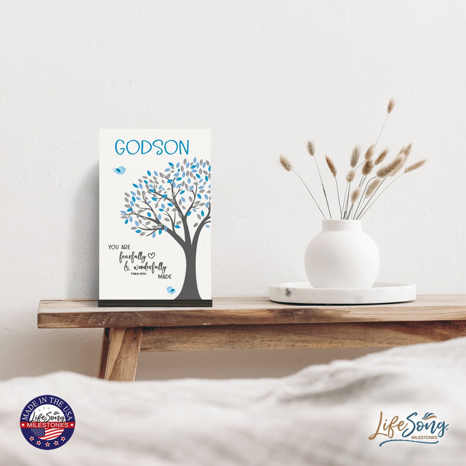 Modern 8x12in Decorative White Acrylic Signs With Wooden Base – Fearfully and Wonderfully - LifeSong Milestones
