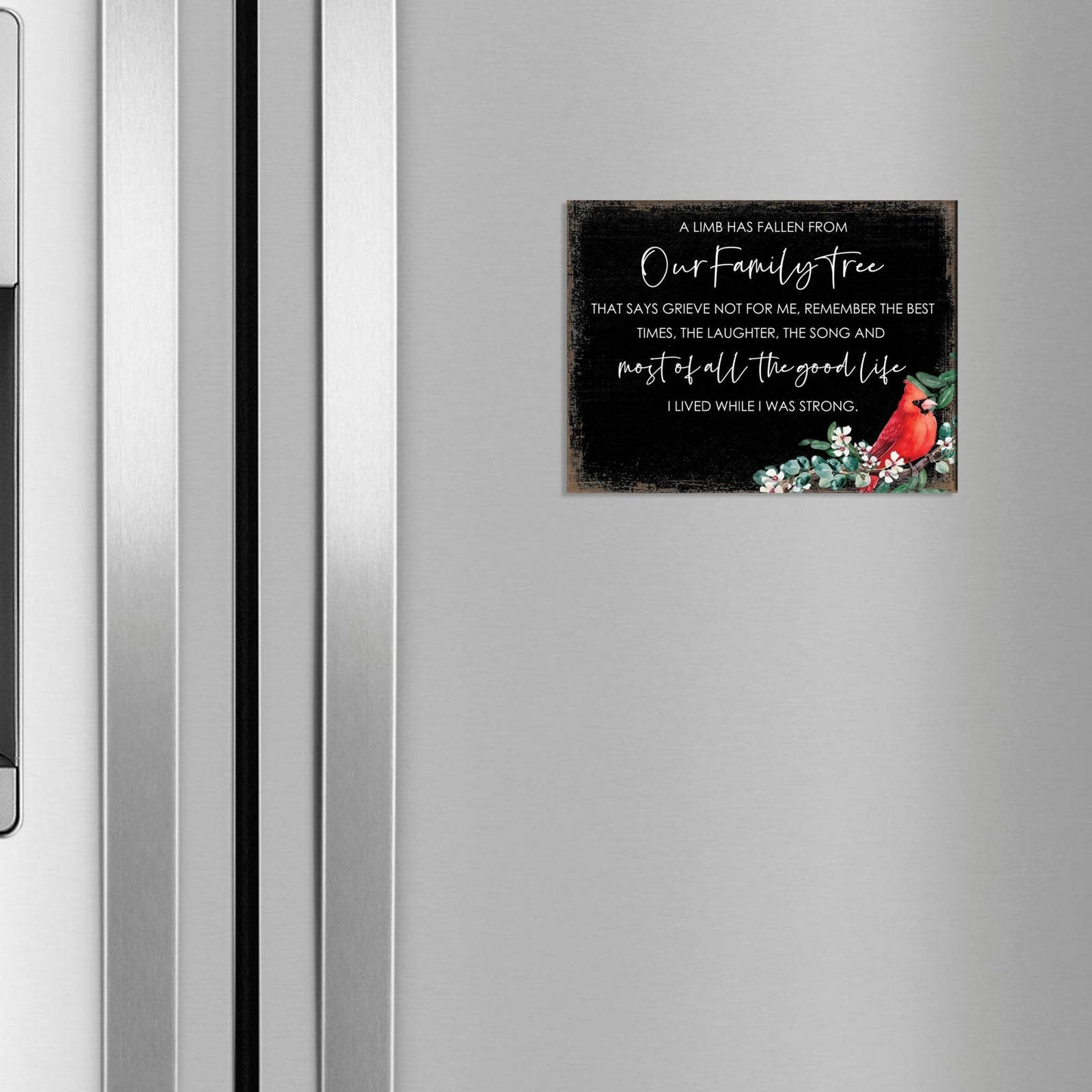 Remembering a loved one with a cardinal-themed memorial magnet for your home decor.