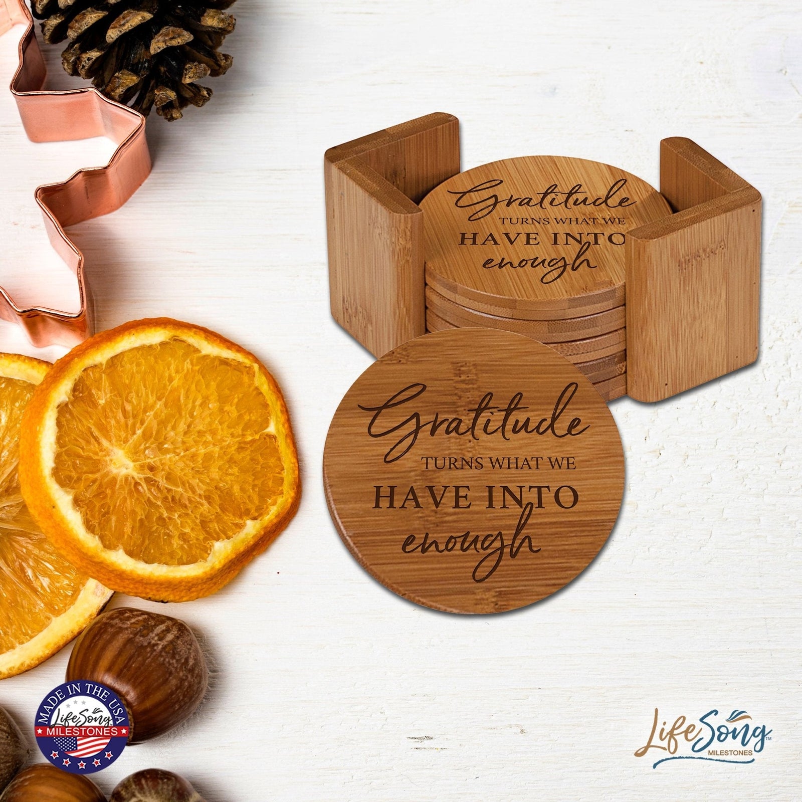 Modern Family Home 6pc Bamboo Coaster Set With Holder 4.5x4.5 – Gratitude Turns What - LifeSong Milestones