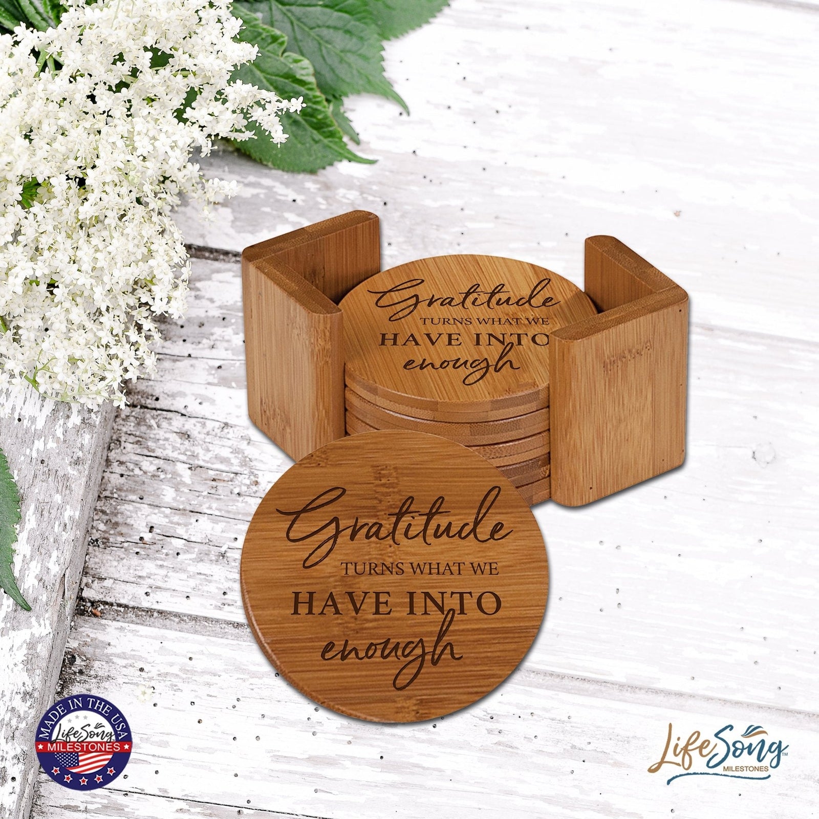 Modern Family Home 6pc Bamboo Coaster Set With Holder 4.5x4.5 – Gratitude Turns What - LifeSong Milestones