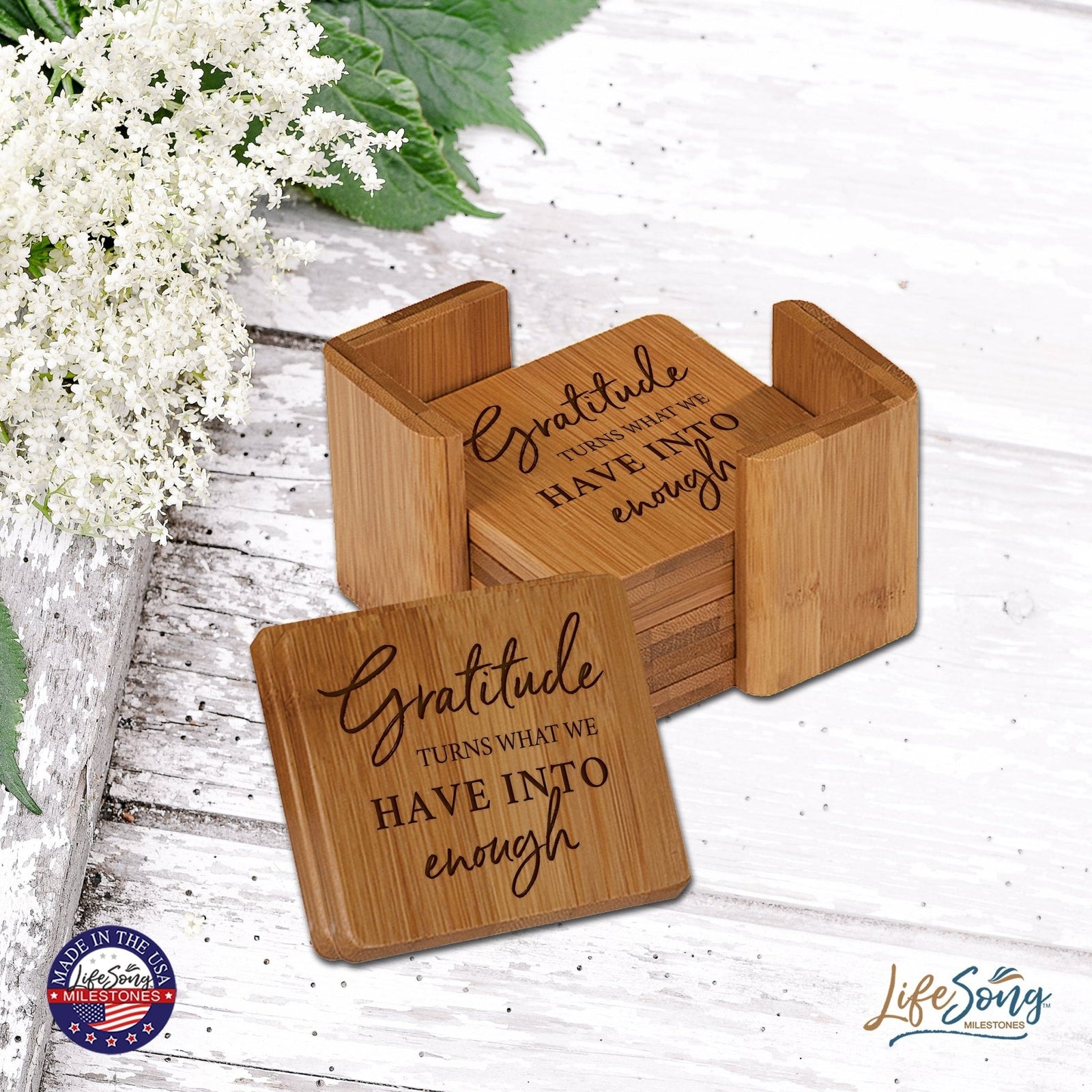 Modern Family Home 6pc Bamboo Coaster Set With Holder 4.5x4.5 – Gratitude Turns What - LifeSong Milestones