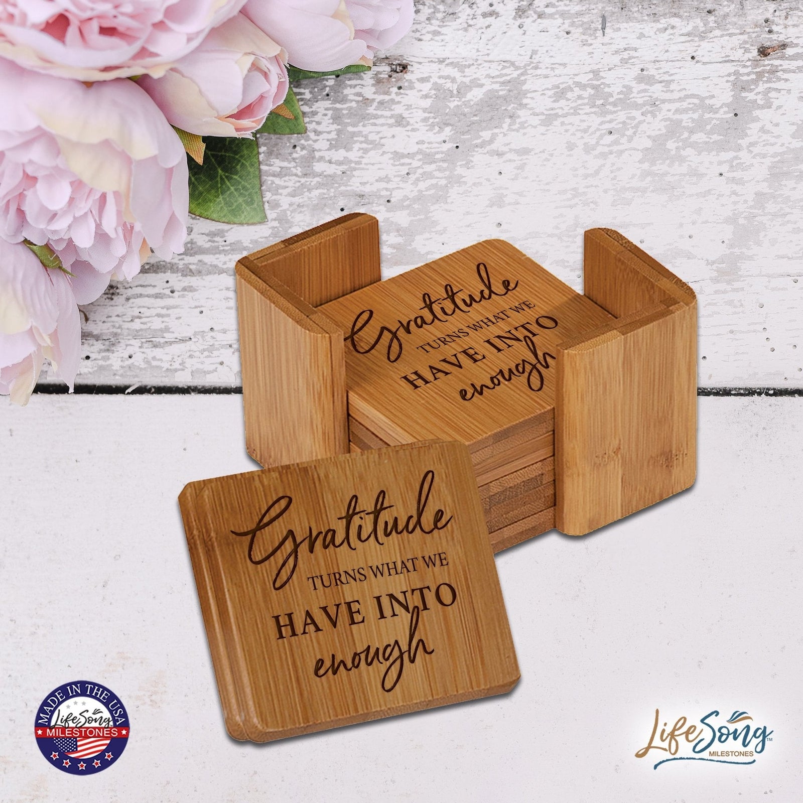 Modern Family Home 6pc Bamboo Coaster Set With Holder 4.5x4.5 – Gratitude Turns What - LifeSong Milestones