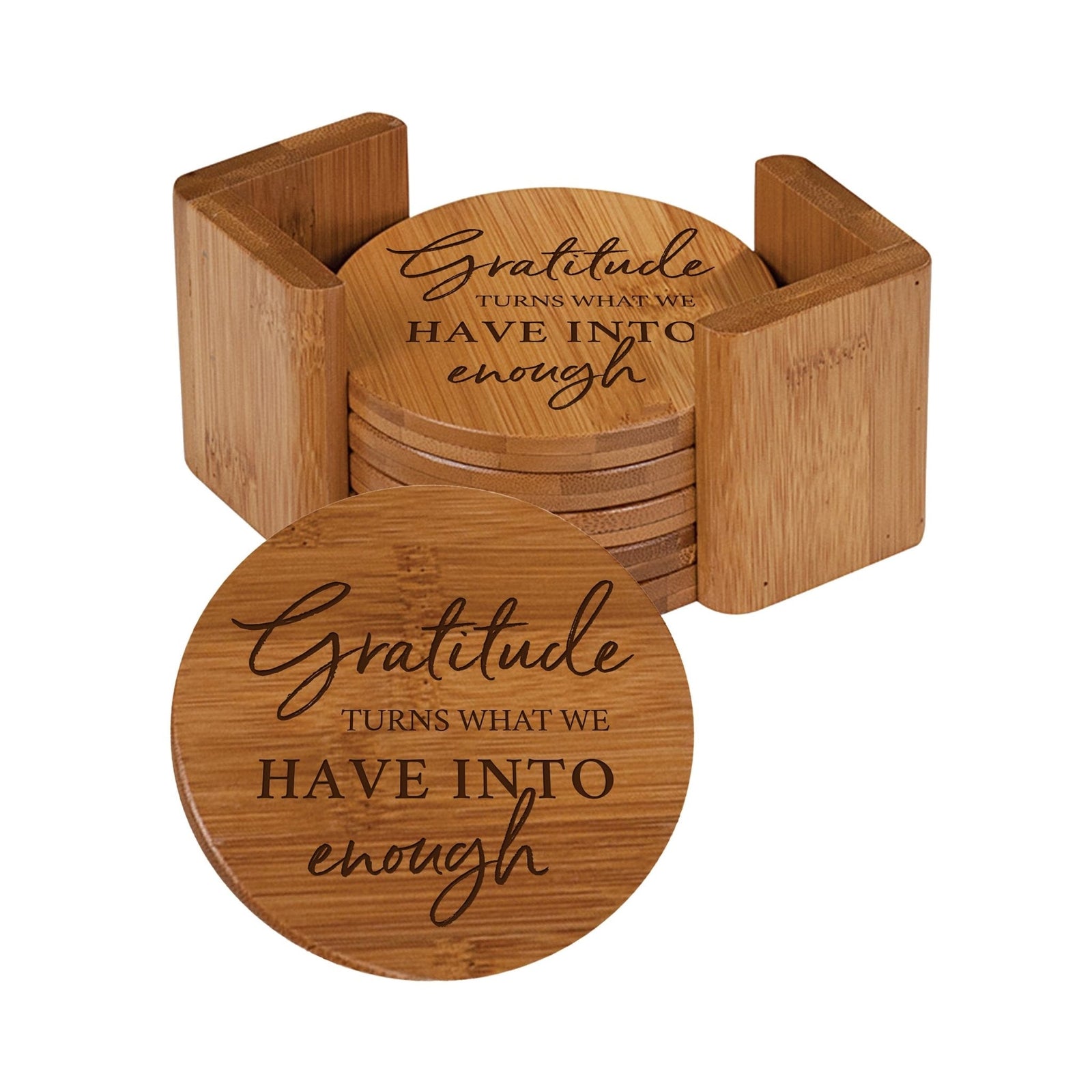 Modern Family Home 6pc Bamboo Coaster Set With Holder 4.5x4.5 – Gratitude Turns What - LifeSong Milestones
