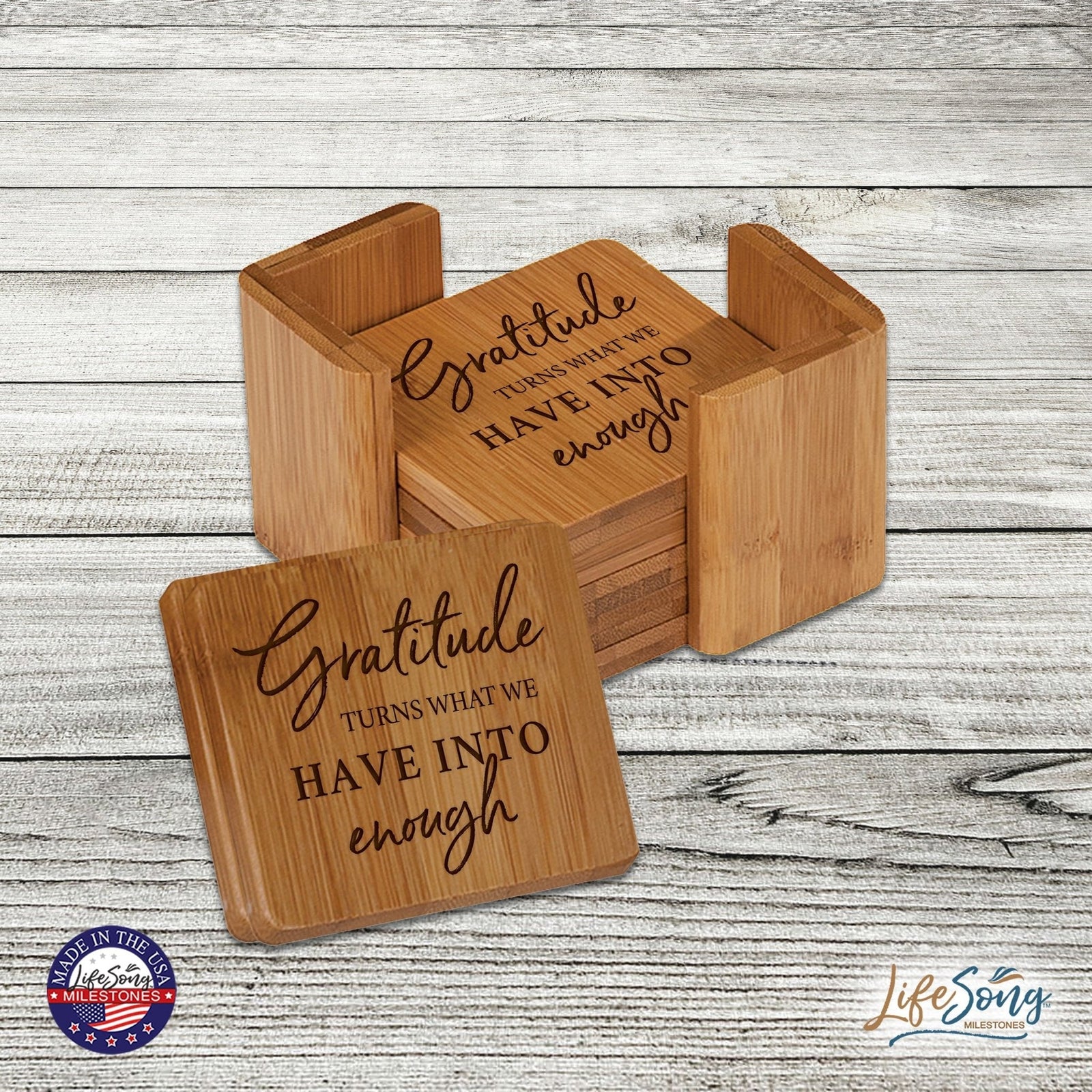 Modern Family Home 6pc Bamboo Coaster Set With Holder 4.5x4.5 – Gratitude Turns What - LifeSong Milestones
