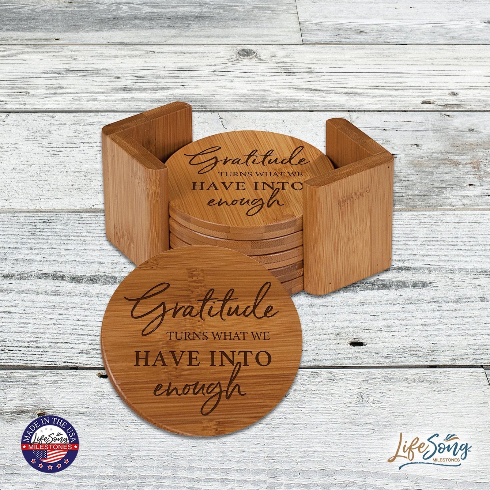 Modern Family Home 6pc Bamboo Coaster Set With Holder 4.5x4.5 – Gratitude Turns What - LifeSong Milestones