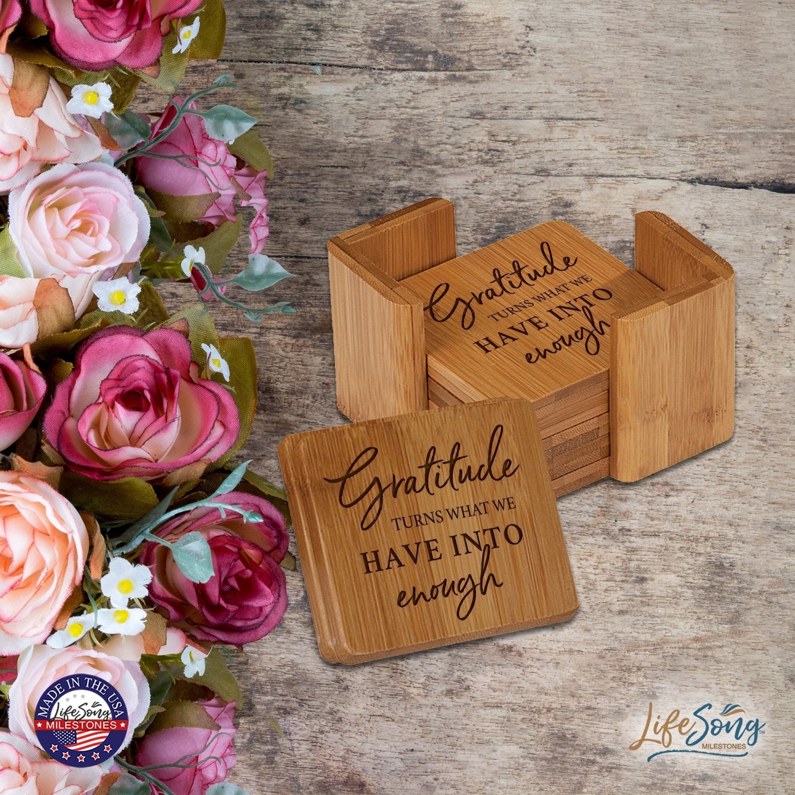 Modern Family Home 6pc Bamboo Coaster Set With Holder 4.5x4.5 – Gratitude Turns What - LifeSong Milestones