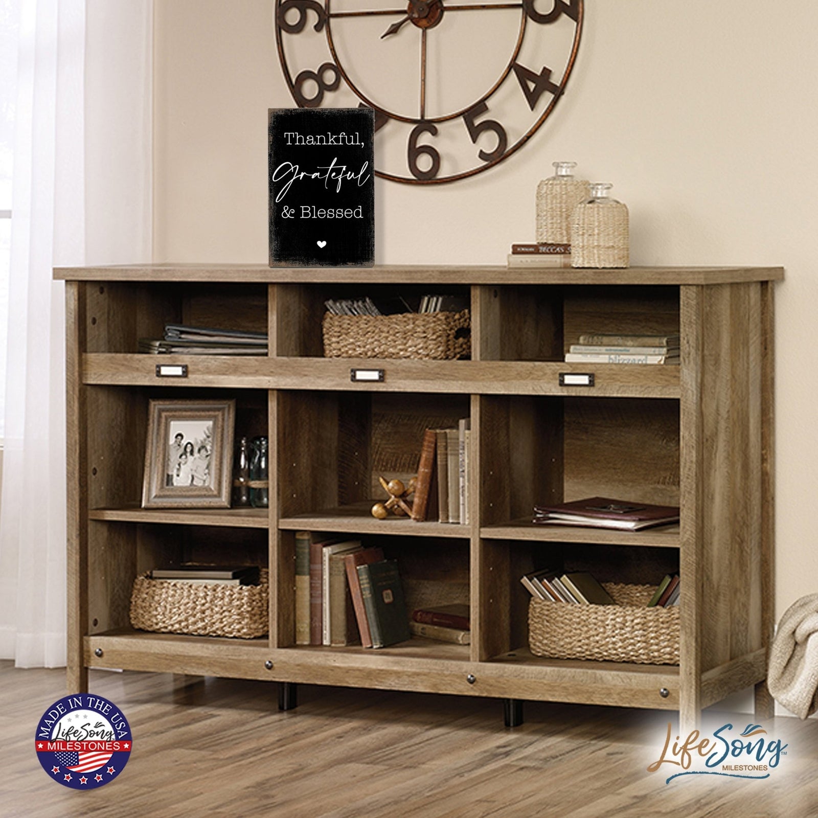 Modern Inspirational 5.5x8in Wooden Plaque Family And Home Tabletop Decor - Thankful Grateful & Blessed - LifeSong Milestones