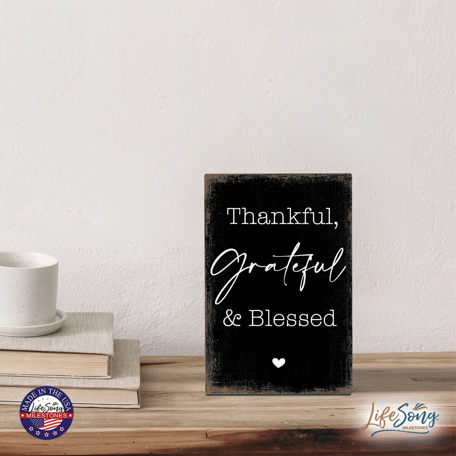 Modern Inspirational 5.5x8in Wooden Plaque Family And Home Tabletop Decor - Thankful Grateful & Blessed - LifeSong Milestones