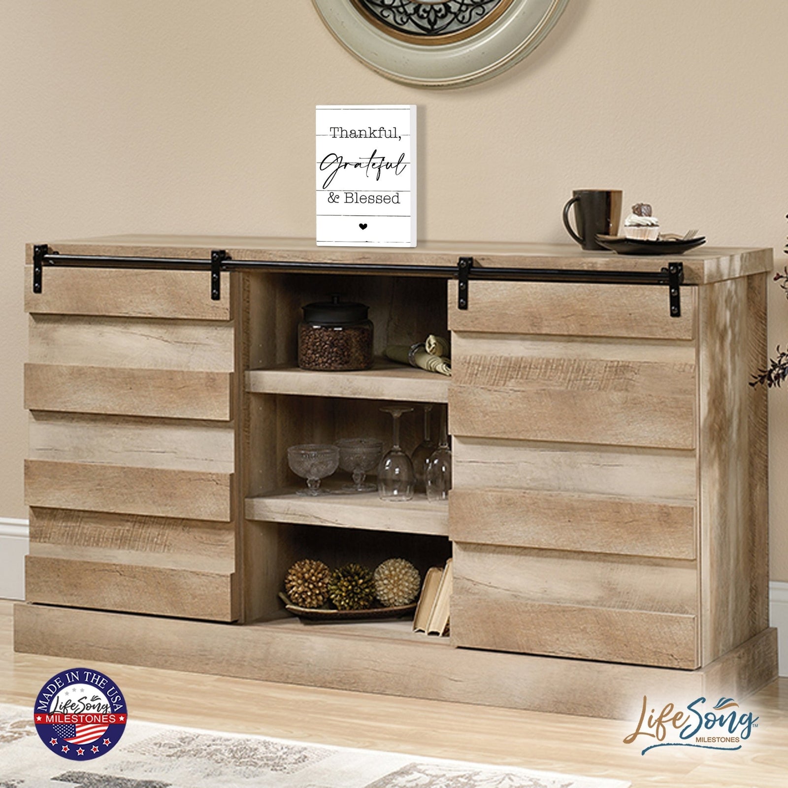 Modern Inspirational 5.5x8in Wooden Plaque Family And Home Tabletop Decor - Thankful Grateful & Blessed - LifeSong Milestones