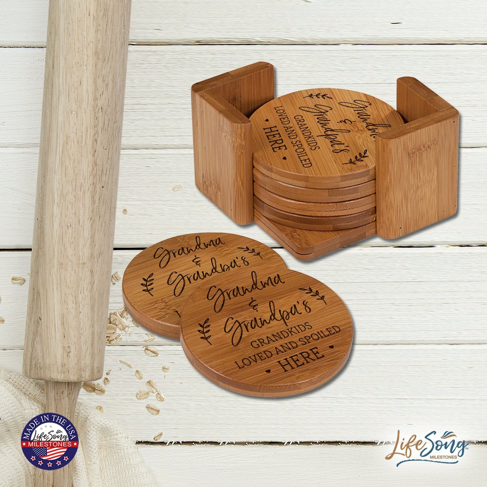 Modern Inspirational 6pc Bamboo Coaster Set 4.5x4.5 Grandhildren Fill - LifeSong Milestones