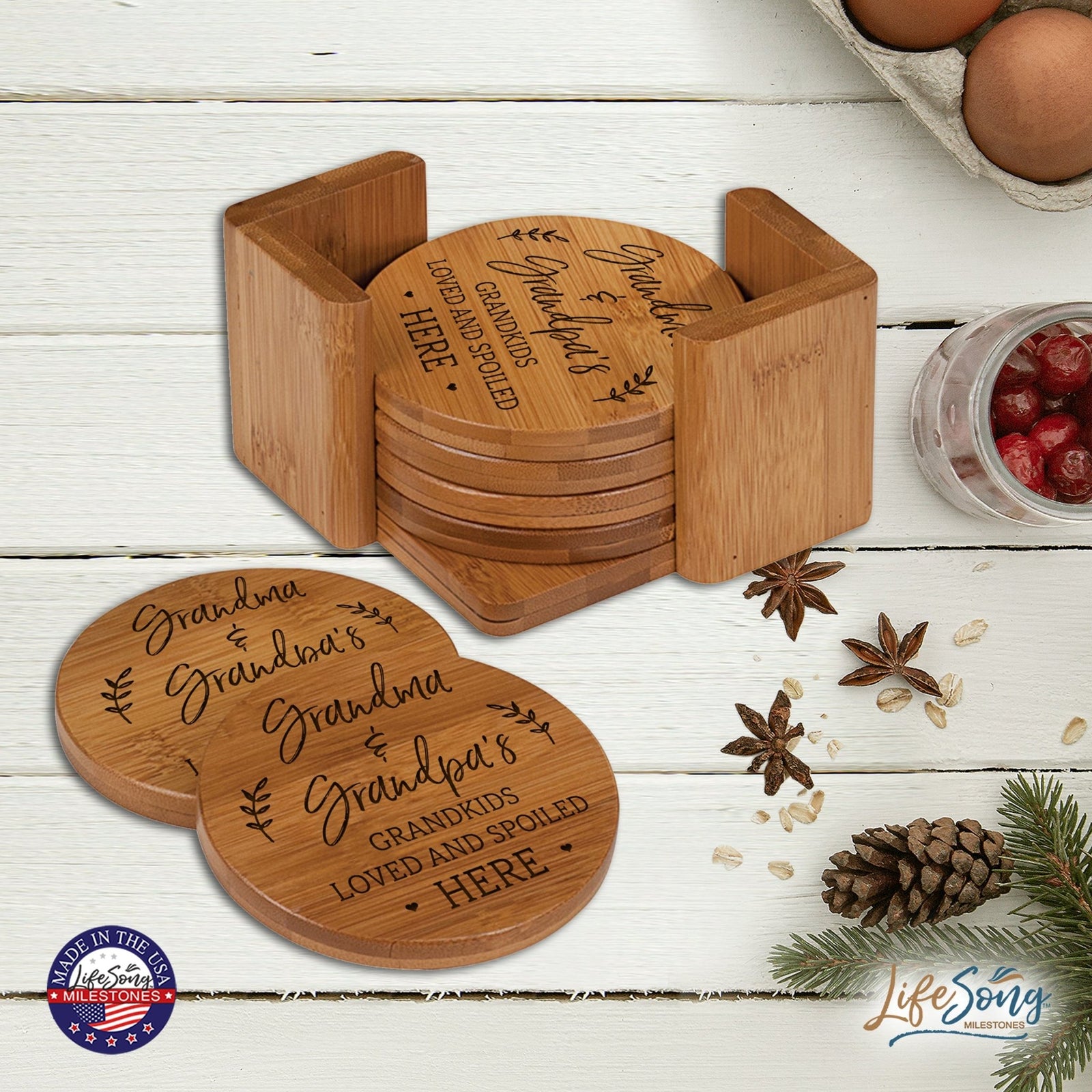 Modern Inspirational 6pc Bamboo Coaster Set 4.5x4.5 Grandhildren Fill - LifeSong Milestones
