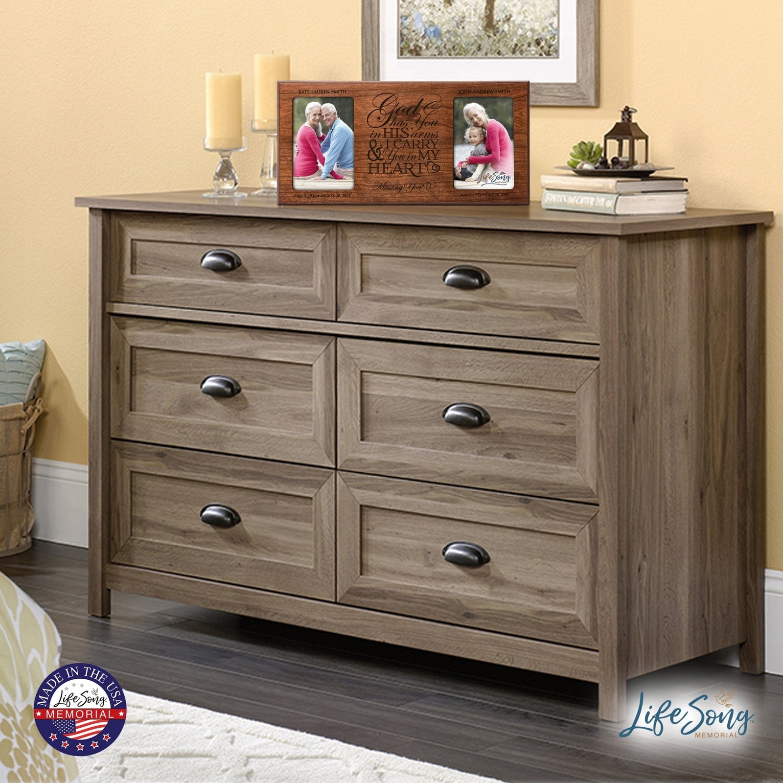 Modern Inspirational Memorial 8x16in Wooden Double Photo Frame God Has You holds Two 4x6 Pictures - LifeSong Milestones