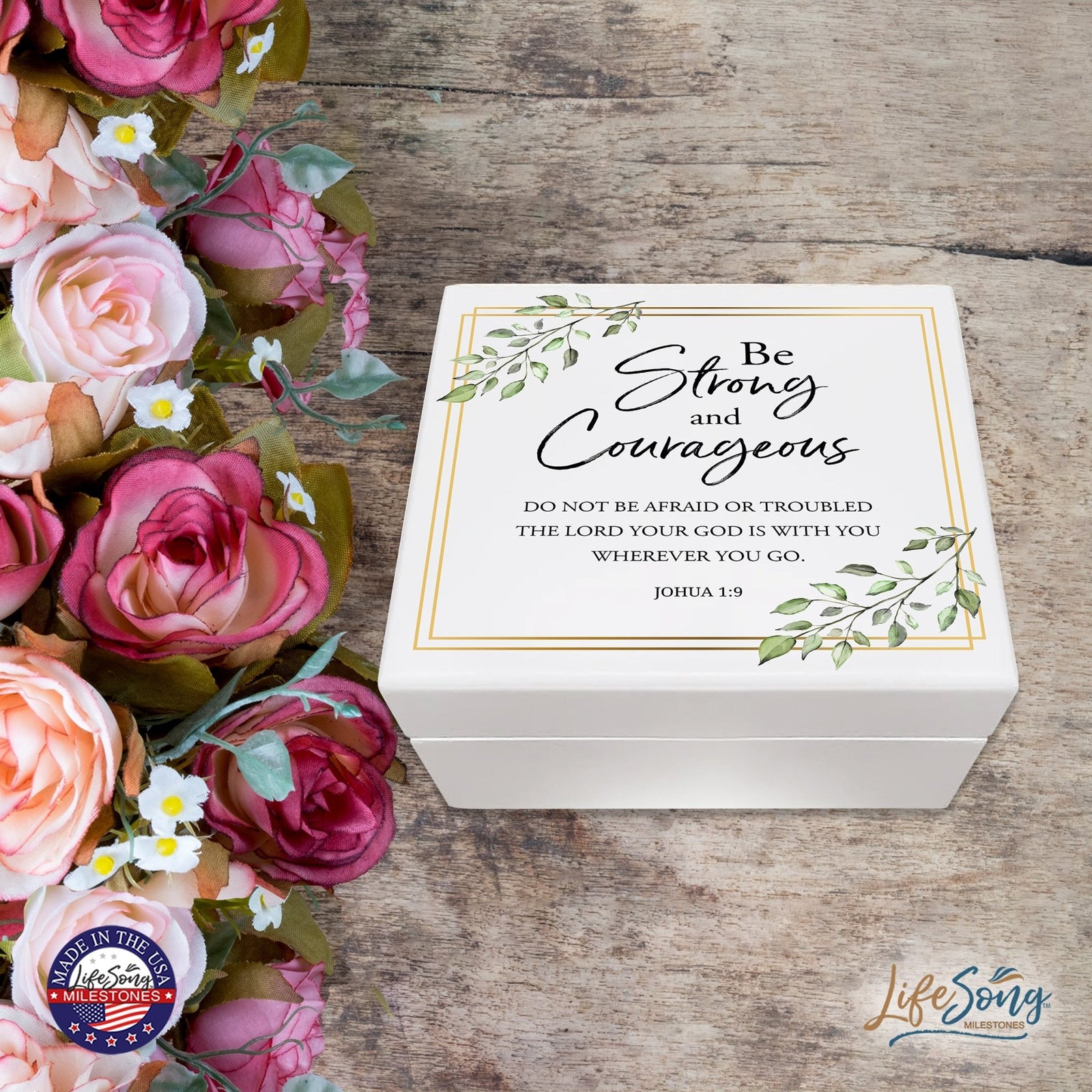 Modern Inspirational White Jewelry Keepsake Box for Children 6x5.5 - Be Strong and Courageous - LifeSong Milestones