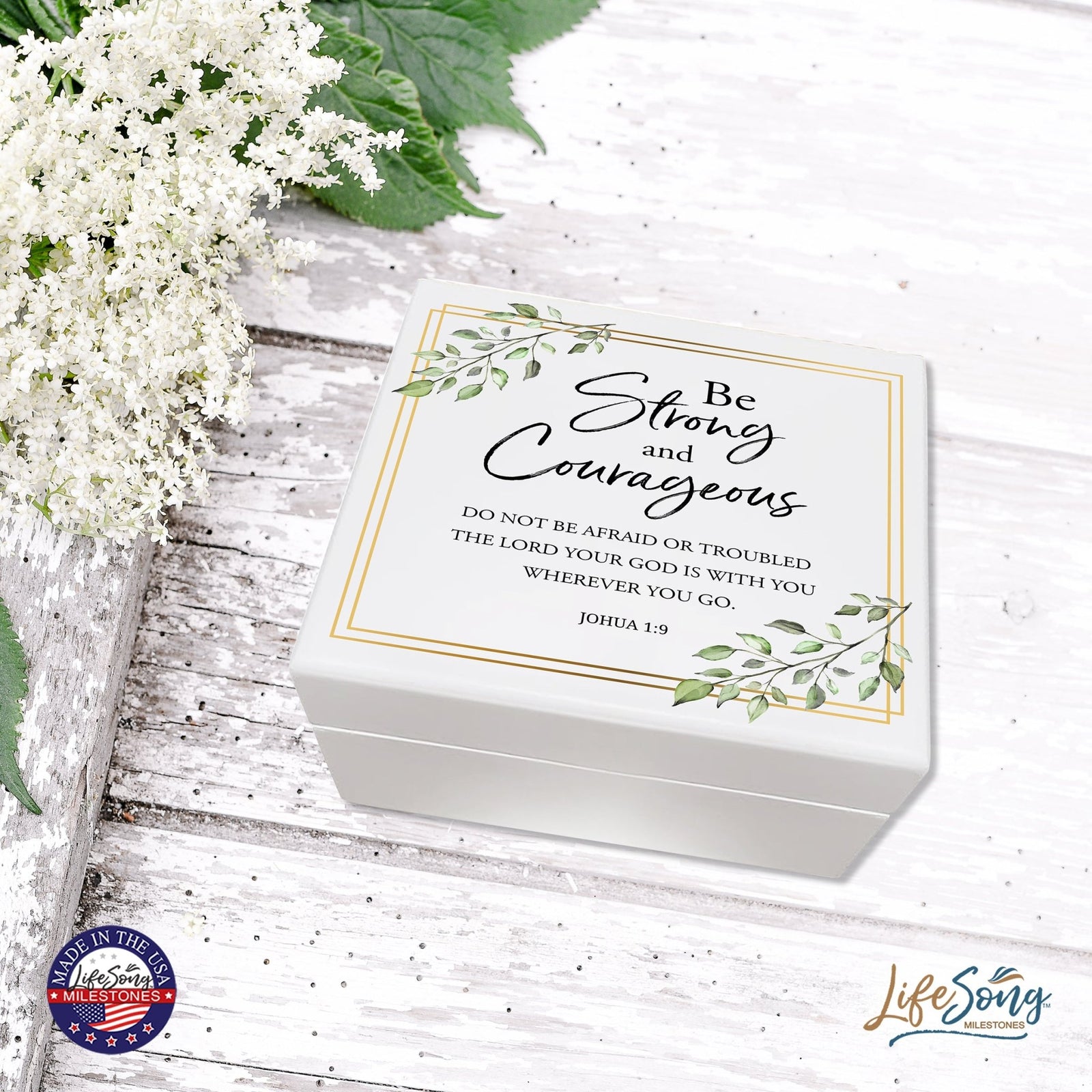 Modern Inspirational White Jewelry Keepsake Box for Children 6x5.5 - Be Strong and Courageous - LifeSong Milestones