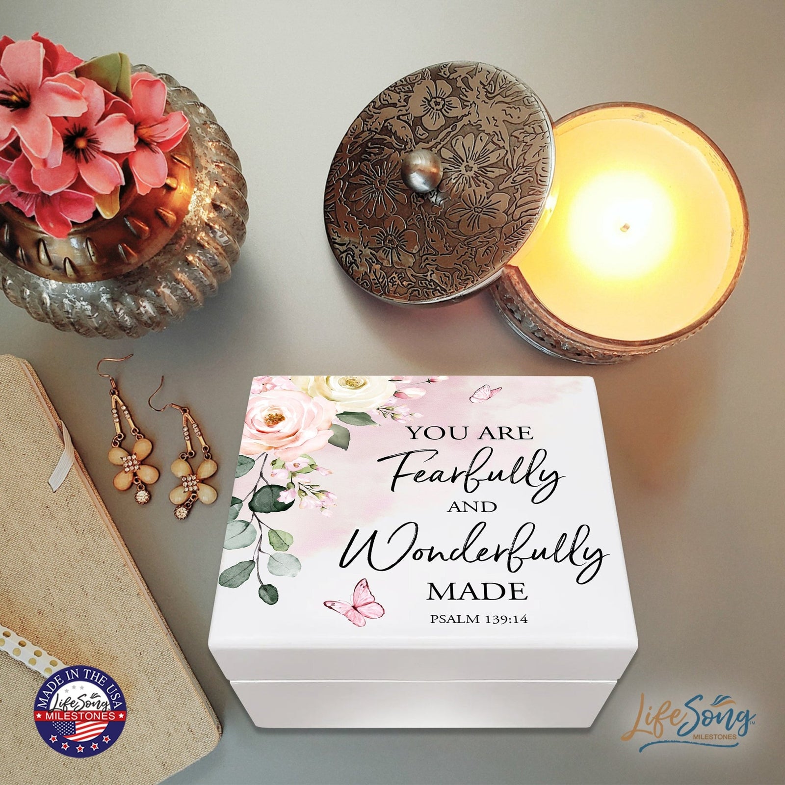 Modern Inspirational White Jewelry Keepsake Box for Children 6x5.5 - Fearfully and Wonderfully Made - LifeSong Milestones