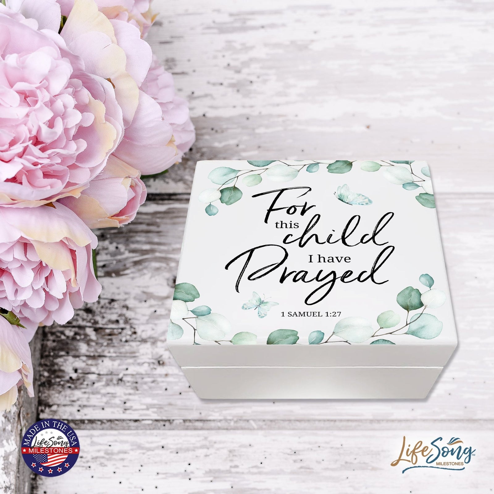 Modern Inspirational White Jewelry Keepsake Box for Children 6x5.5 - For This Child I Have Prayed - LifeSong Milestones