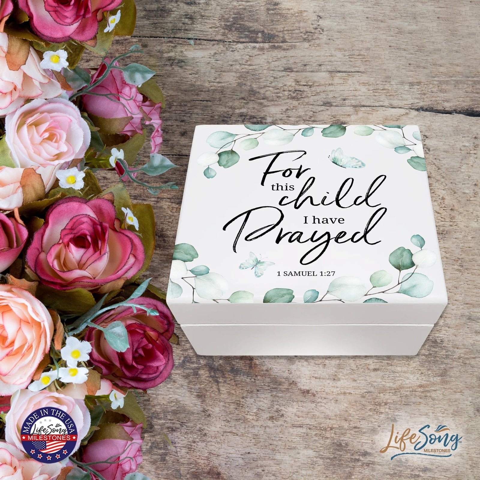 Modern Inspirational White Jewelry Keepsake Box for Children 6x5.5 - For This Child I Have Prayed - LifeSong Milestones