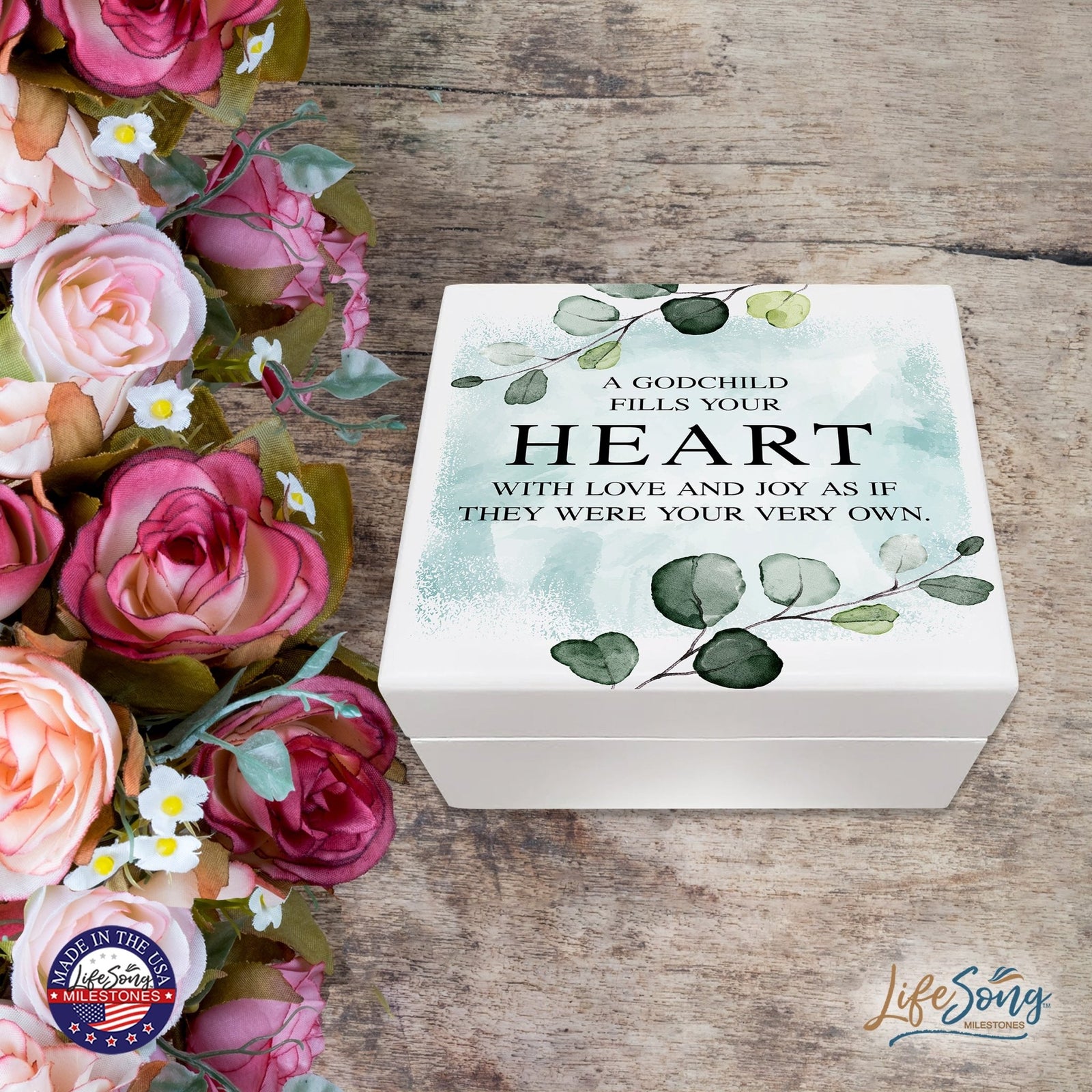 Modern Inspirational White Jewelry Keepsake Box for Godchildren 6x5.5 - A Godchild Fills Your Heart - LifeSong Milestones