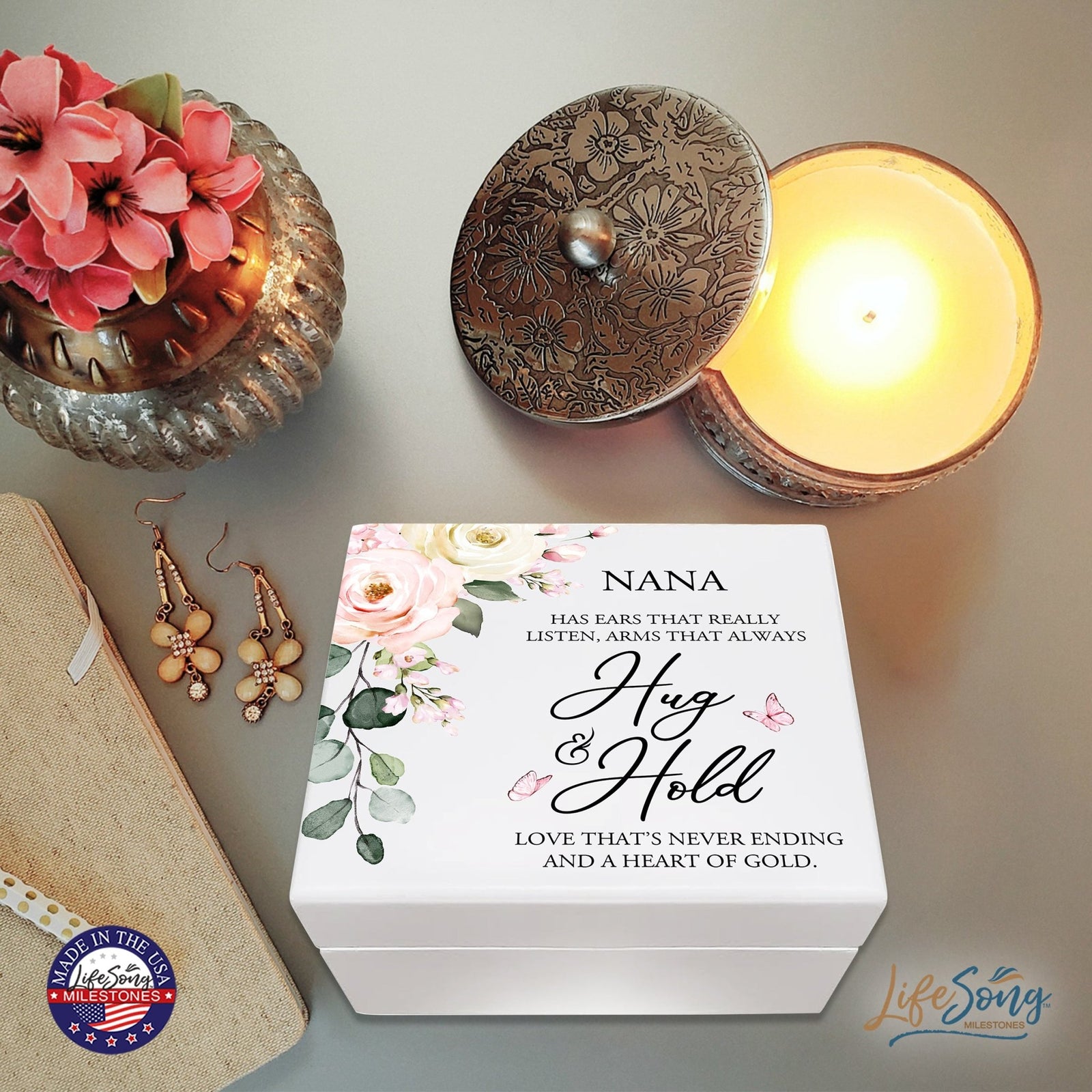 Modern Inspirational White Jewelry Keepsake Box for Nana 6x5.5 - Hug and Hold - LifeSong Milestones