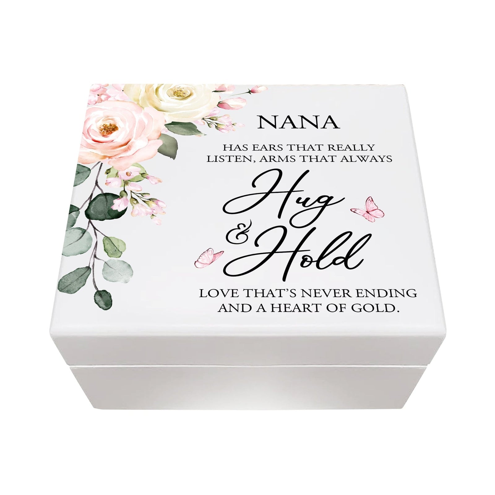 Modern Inspirational White Jewelry Keepsake Box for Nana 6x5.5 - Hug and Hold - LifeSong Milestones