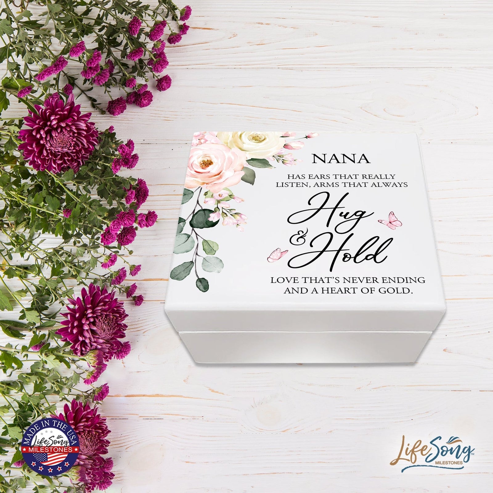 Modern Inspirational White Jewelry Keepsake Box for Nana 6x5.5 - Hug and Hold - LifeSong Milestones