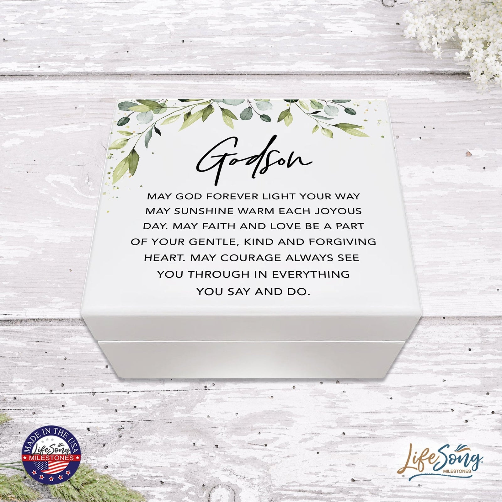 Modern Inspirational White Keepsake Box for Godson 6x5.5in - Light Your Way - LifeSong Milestones