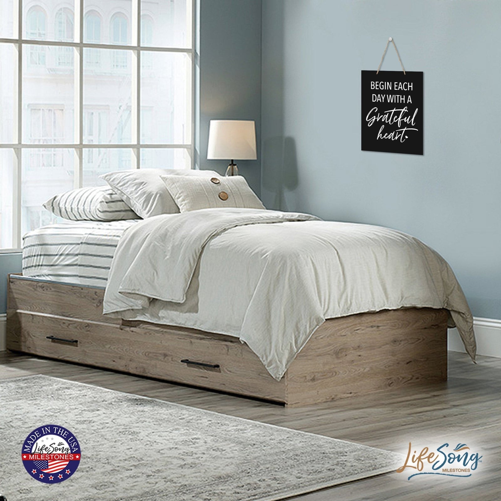 Modern Inspirational Wooden Wall Art Hanging Sign 12x15in - Begin Each Day - For Family And Home Decorations - LifeSong Milestones