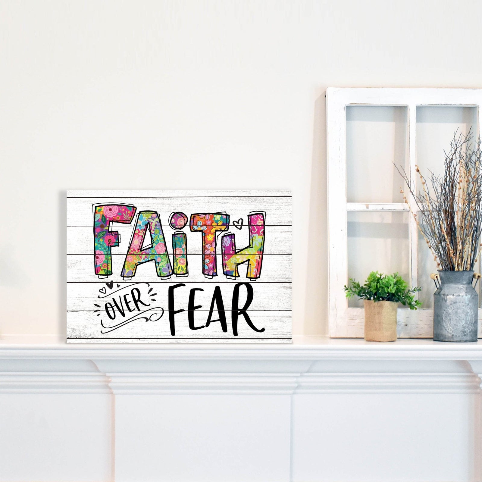 Modern-Inspired White Wooden Graffiti Art Shelf Sitter Gift Idea & Home Décor - Faith Over Fear - LifeSong Milestones