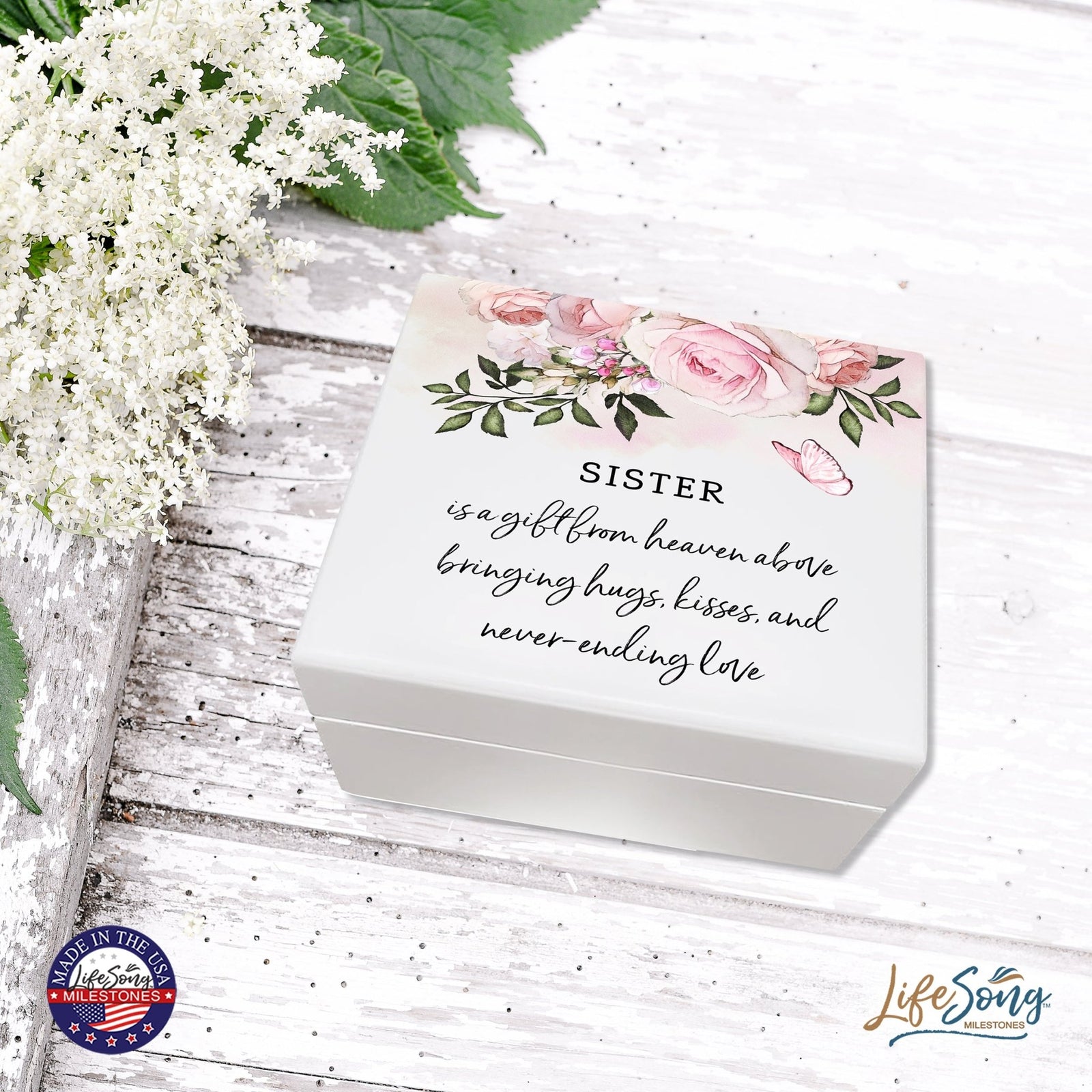 Modern Inspiring White Jewelry Keepsake Box for Sister 6x5.5 - A Gift From Heaven - LifeSong Milestones
