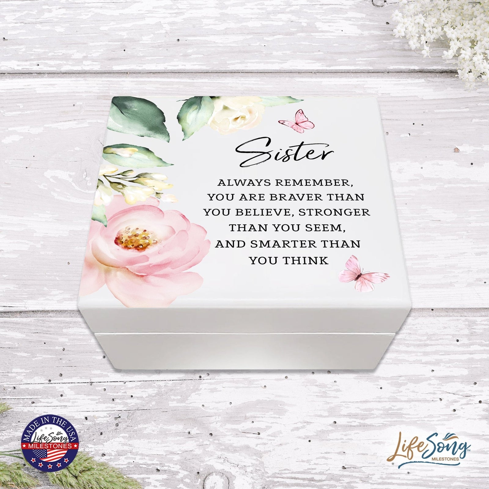 Modern Inspiring White Jewelry Keepsake Box for Sister 6x5.5 - Always Remember - LifeSong Milestones