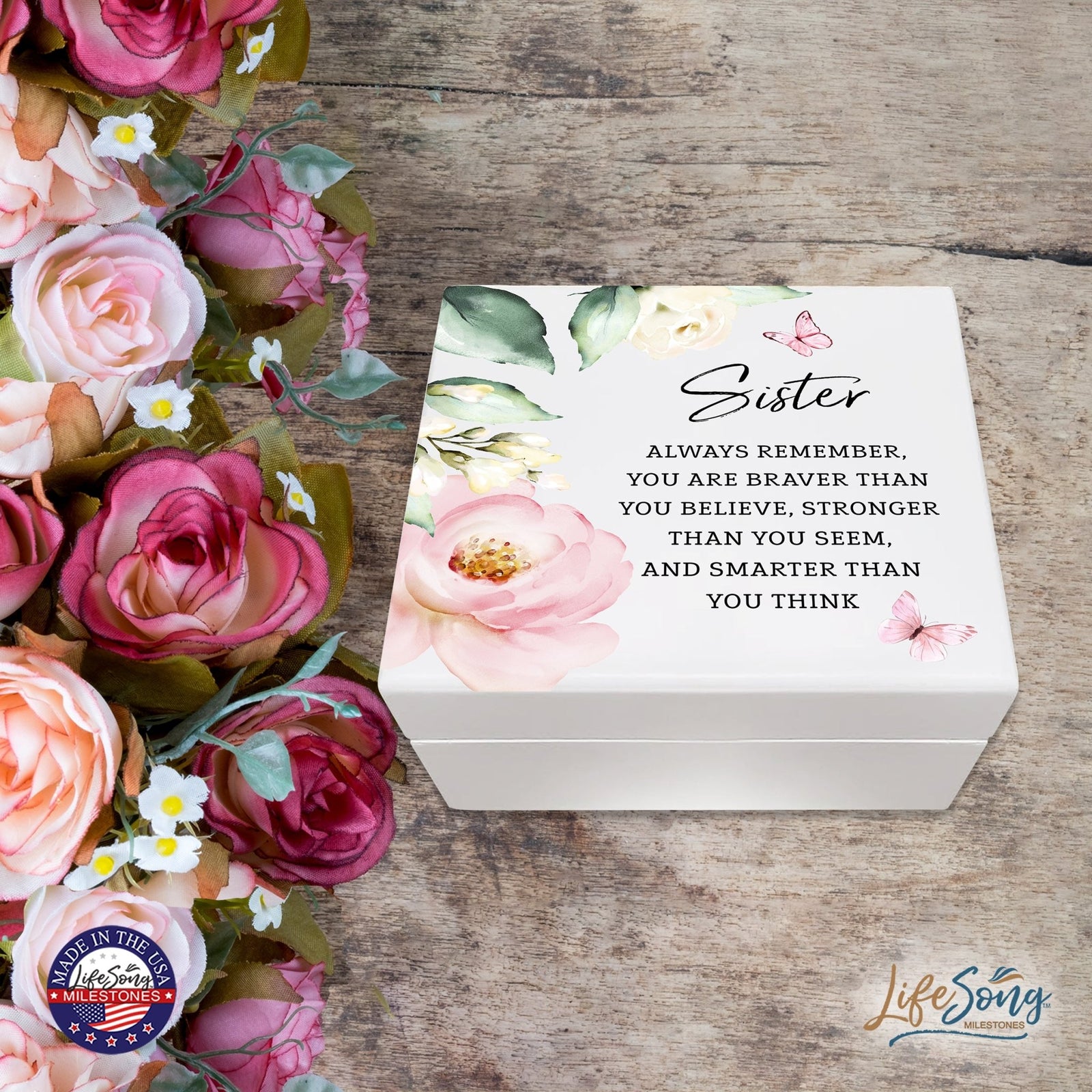 Modern Inspiring White Jewelry Keepsake Box for Sister 6x5.5 - Always Remember - LifeSong Milestones